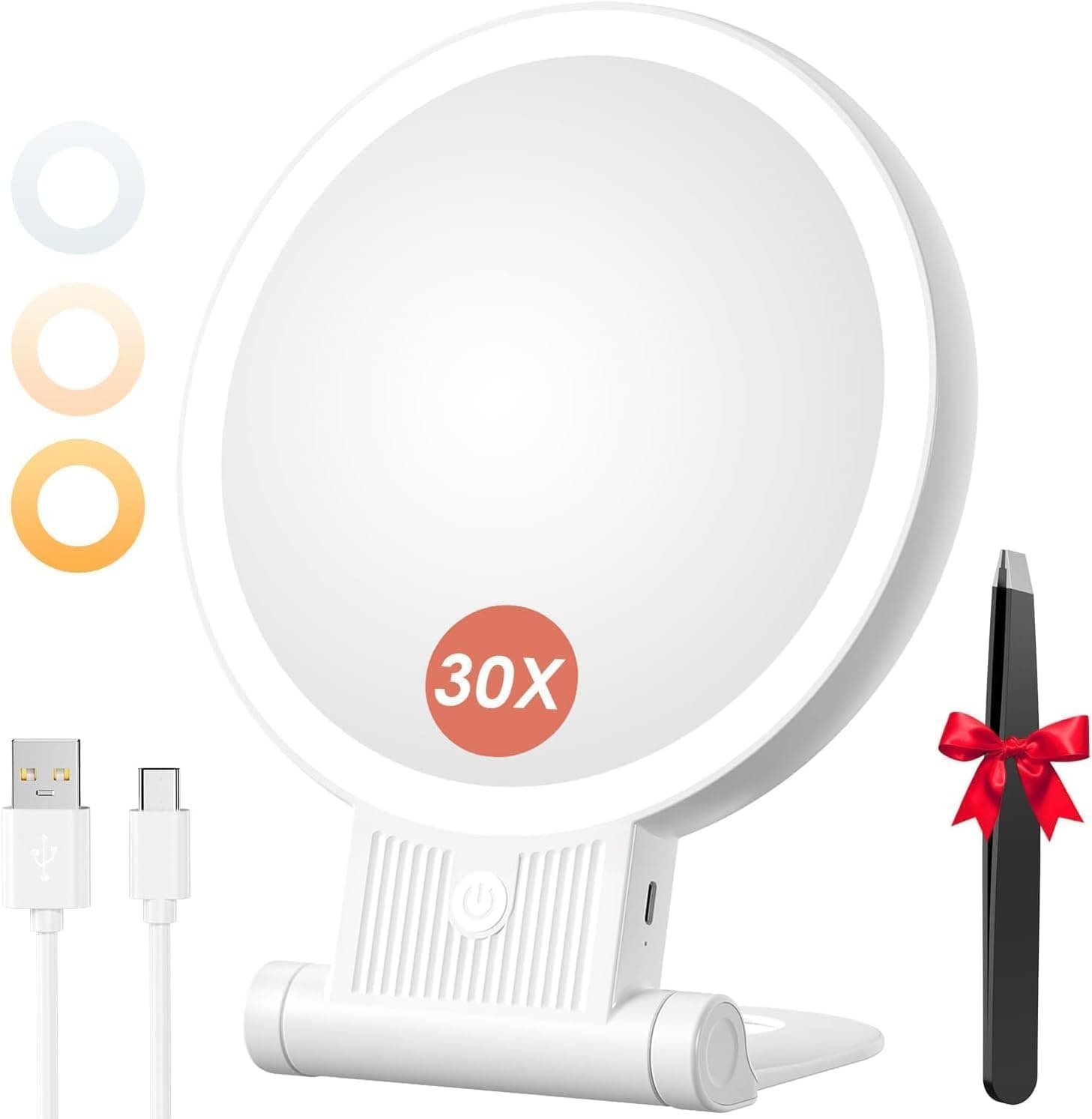 Auxmir Miroir Grossissant Lumineux, 30X/1X Double Face, Miroir Maquillage LED 2000mAh Rechargeable avec 3 Couleurs éclairage, Pliable Portable pour Voyage