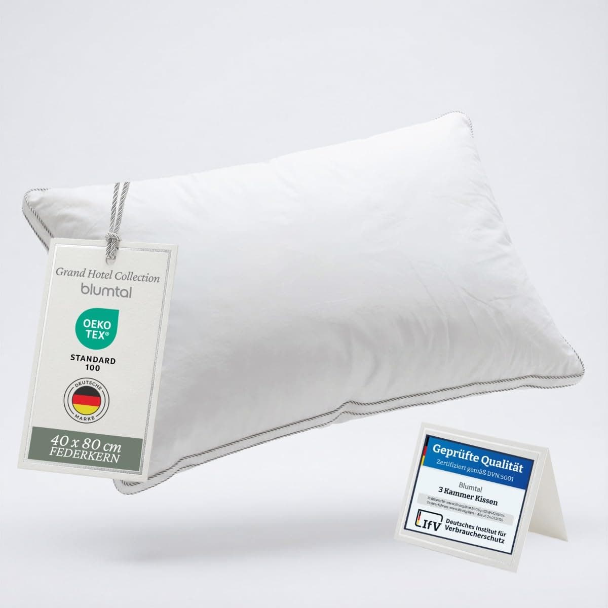 Blumtal Federkissen 40x80 cm mit 3-Kammer-Füllung - Oeko-TEX zert. Kopfkissen 40x80 Federfüllung - Ultra stützender Federkern + weiche HCS-Außenkammern - Bettkissen mit Baumwoll-Bezug, Weiß
