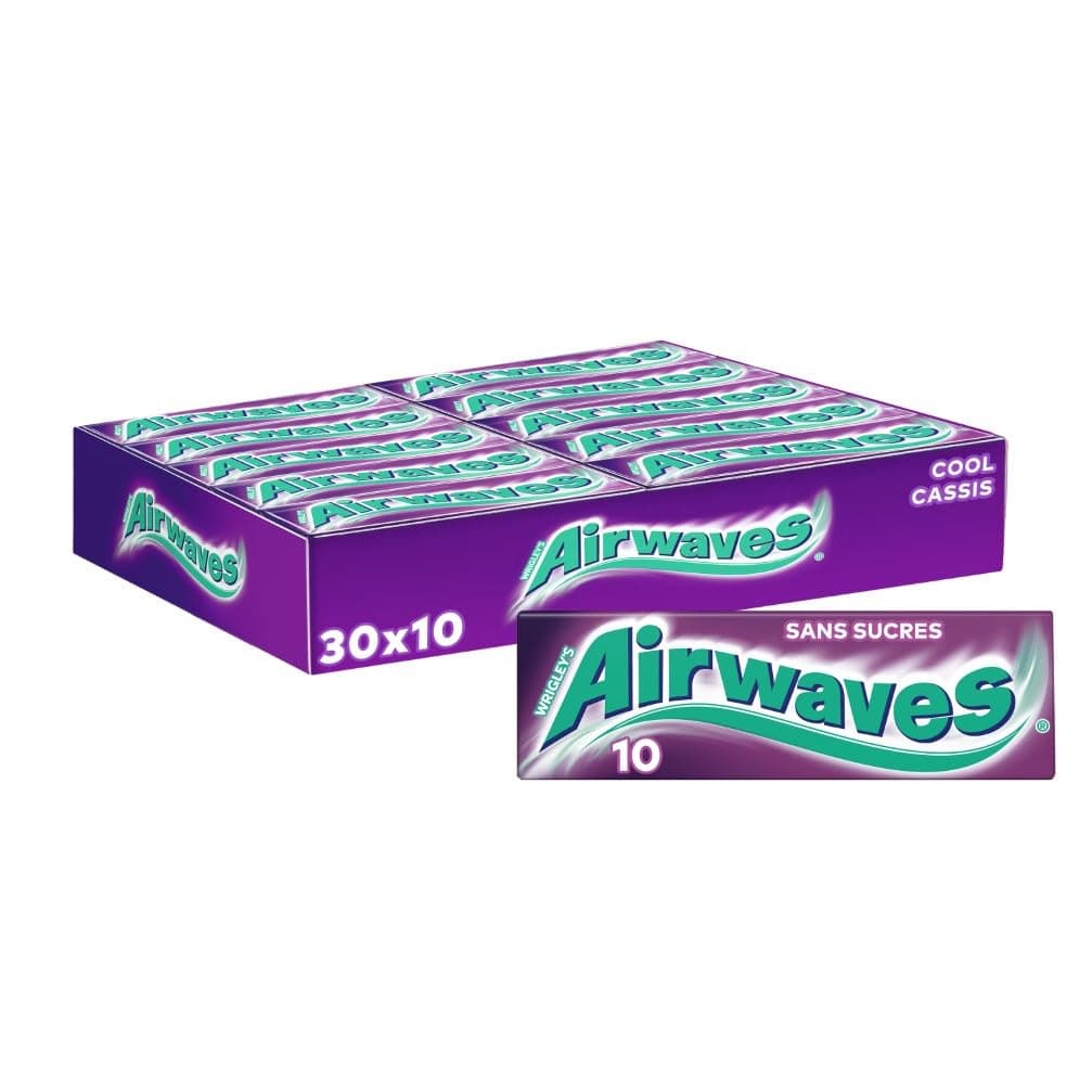 AIRWAVES - Chewing Gum Sans Sucre - Goût Cassis - Fraîcheur Mentholée - Grand format - 30 Paquets de 10 Dragées - Grand Format de 300 Dragées - 420g