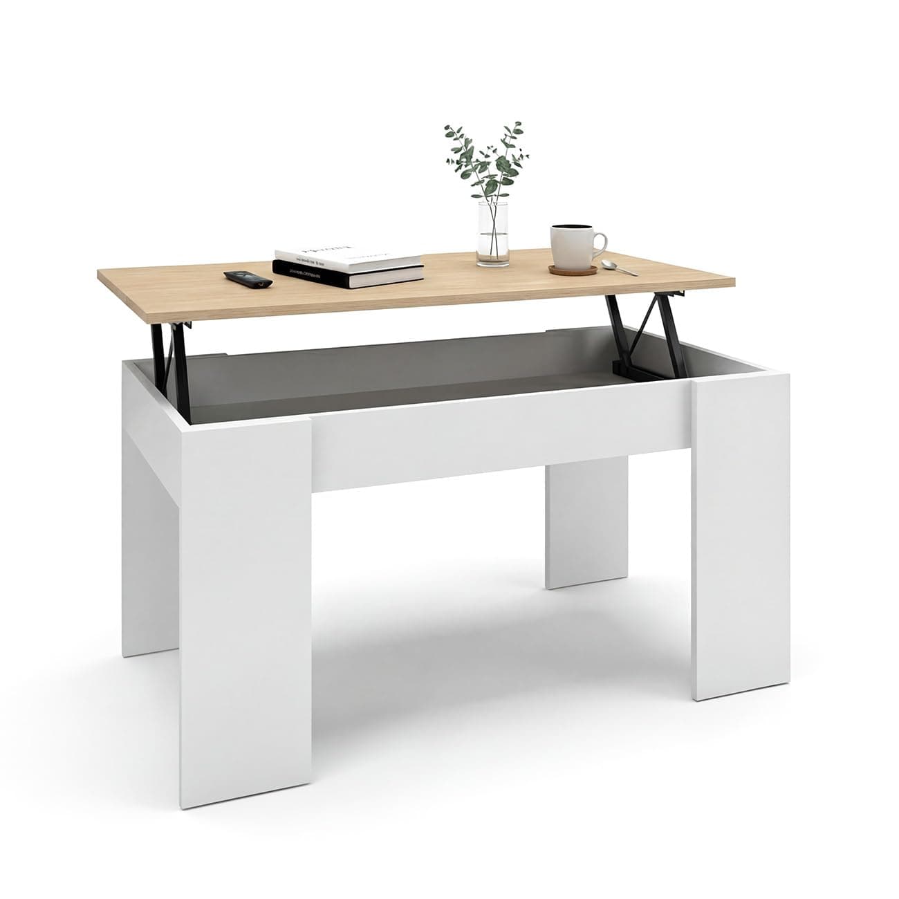 duehome | Mesa de Centro elevable, Mesita de Salón Comedor, Acabado en Blanco Artik y Roble Canadian, Modelo Norak, Medidas: 90 cm (Largo) x 50 cm (Ancho) x 33,8/45,3 cm (Alto)