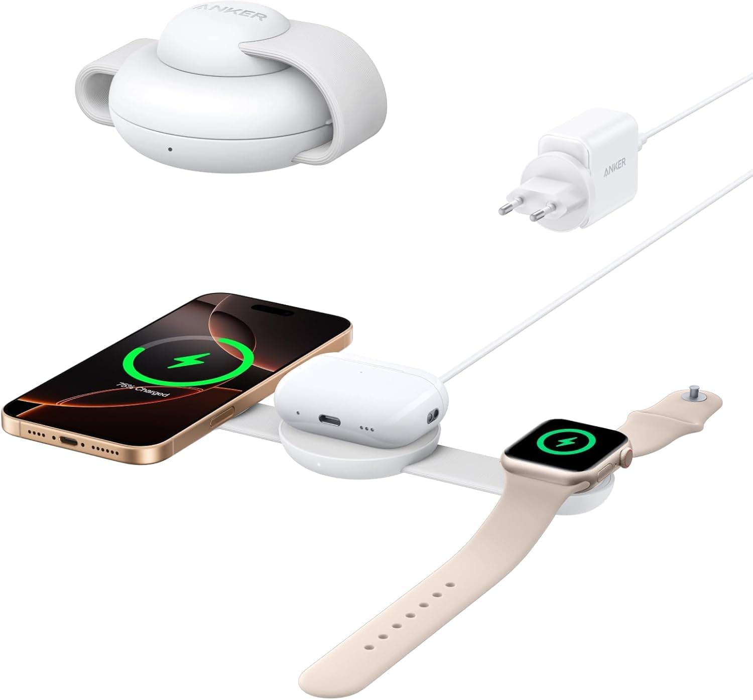 Anker MagGo 3-in-1 Kabellose Ladestation (mit EU/US/UK Stecker), MagSafe-Kompatibles Qi2-Zertifiziertes 15W Ladegerät, Faltbares Reise-Ladepad für iPhone 17/16, AirPods, Apple Watch (Keine Powerbank)