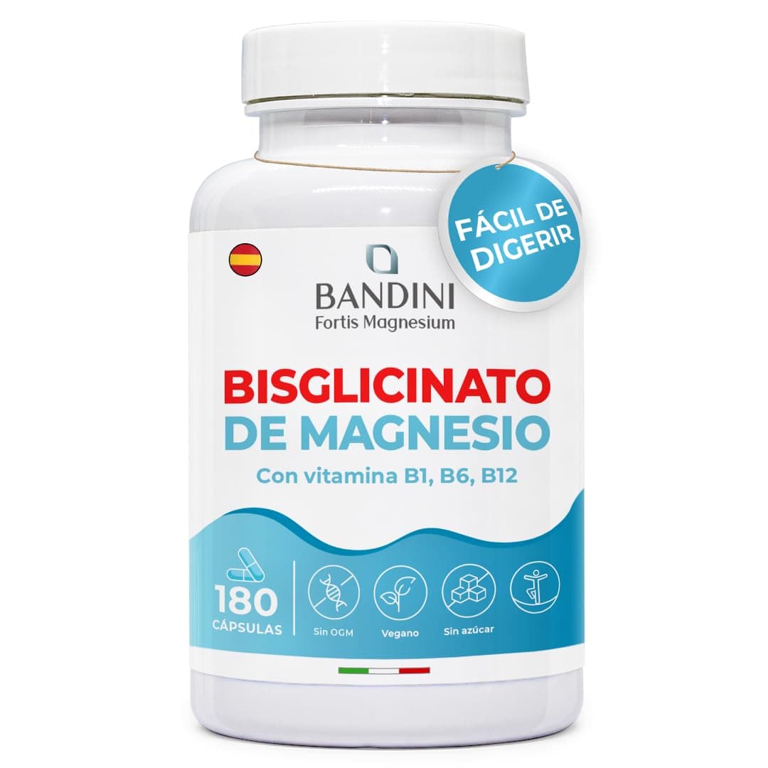 Bandini® Bisglicinato de Magnesio + Vitamina B1,B6 y B12, 350 mg de Glicinato de Magnesio por porción | 180 cápsulas para el estrés, la fatiga, el sistema nervioso, Bisglicinato magnésico 100% Vegan