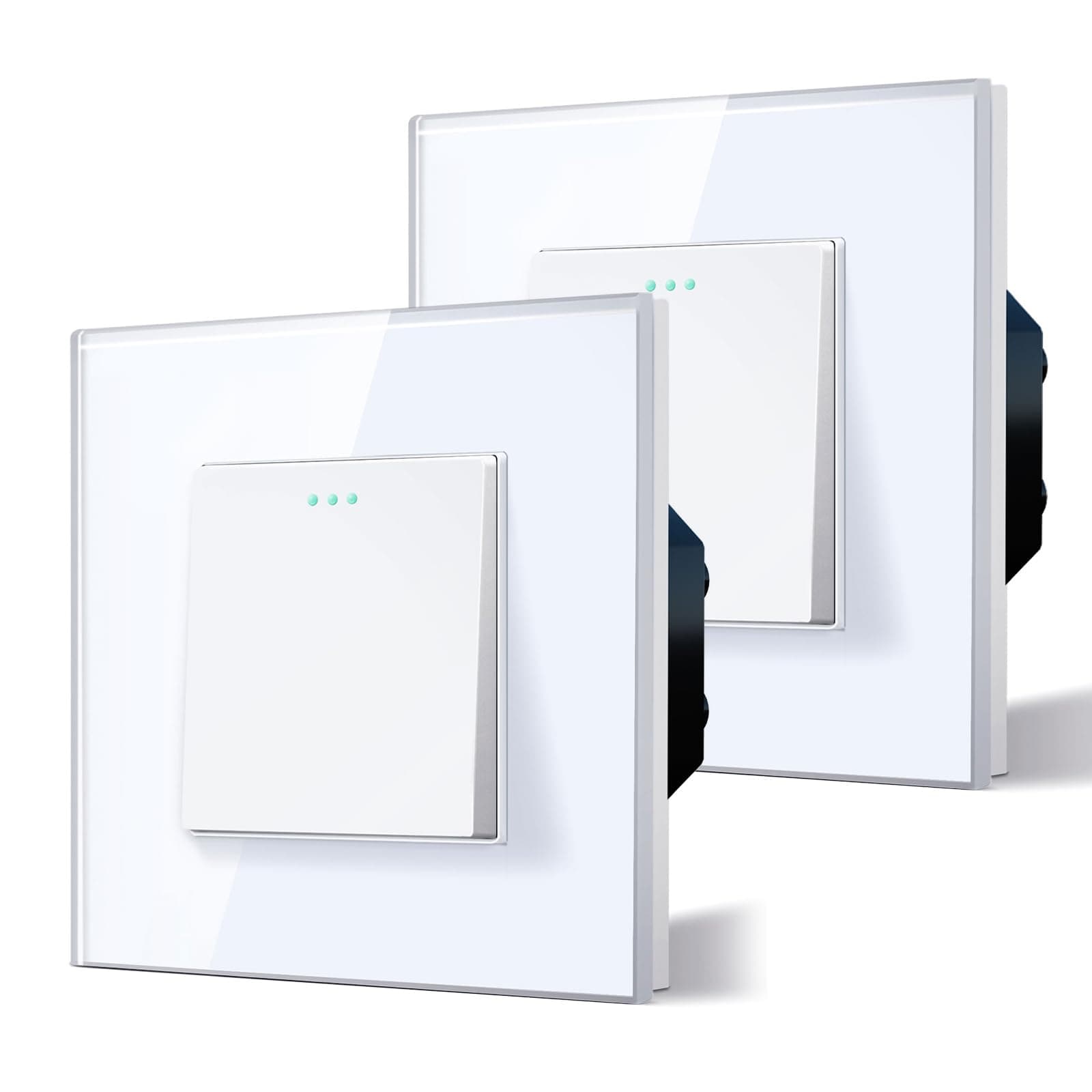 BSEED Interruptor Conmutador,Basculante Con Luz de Orientación,Marco de Cristal,Fácil Instalación,Fáciles de Limpiar,1 Gang 2 Vía - 2 Paquetes,86mm Blanco