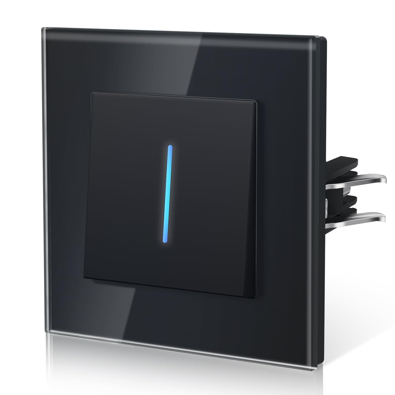 BSEED Interruptor pared con Cristal,Interruptor de luz con Garfio,Basculante Con Pilotitos LED,Fácil Instalación,Fáciles de Limpiar,E-Series,1 Gang 1 Vía,86mm Negro