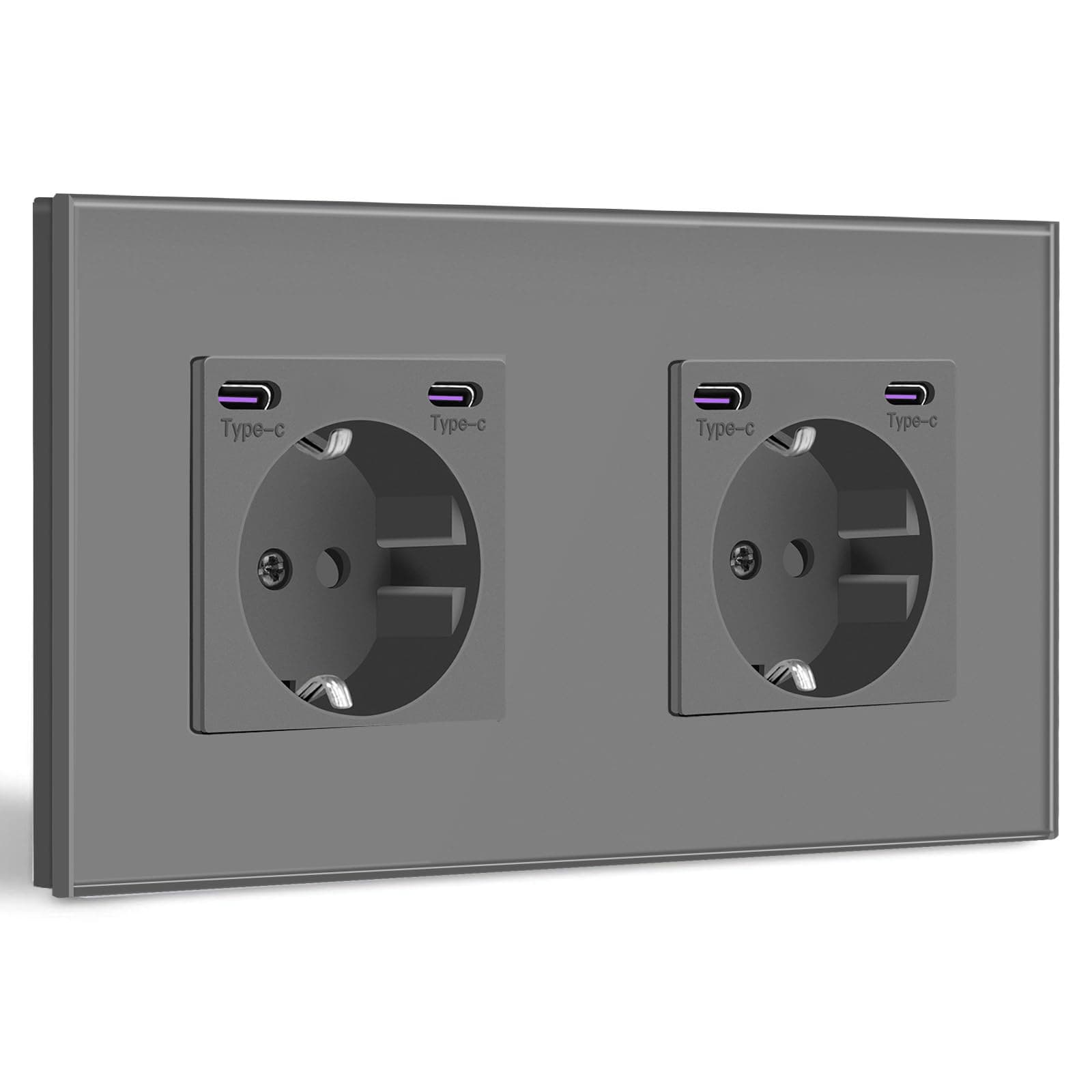 BSEED Doble Enchufe Pared con Cargador Rápido Tipo C de 20 W,2 Gang 157mm,Enchufe Empotrada Tipo C + Tipo C,Unidireccional Estándar UE con Placa de Vidrio,Gris