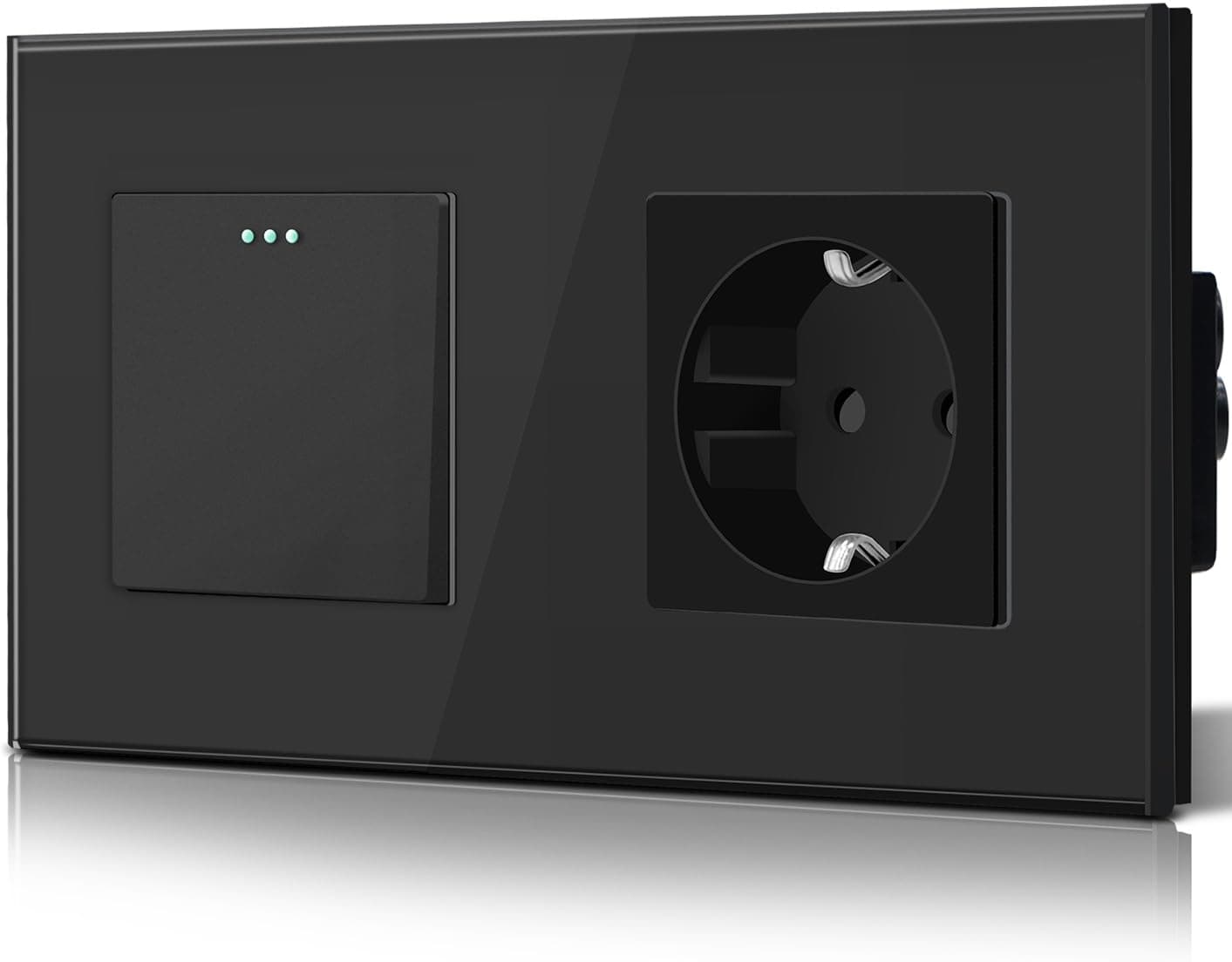 BSEED Interruptor Normal y Enchufe,Basculante Con Luz de Orientación,Marco de Cristal,Fácil Instalación,Fáciles de Limpiar,1 Gang 1 Vía Con Enchufe,157mm Negro