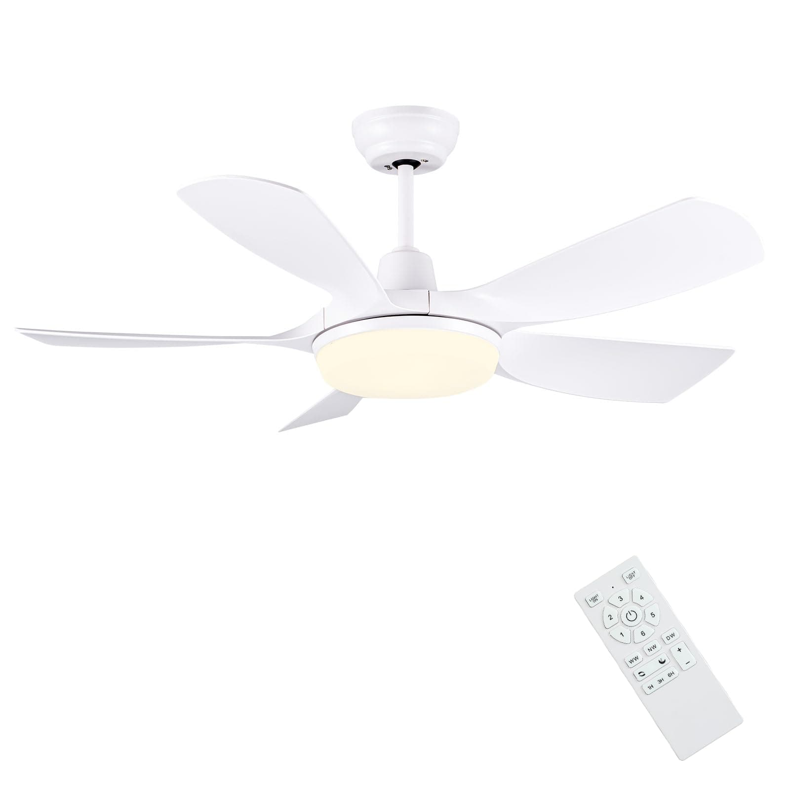 Newday Ventilatore da Soffitto con Luce e Telecomando Bianco, 106cm Ventilatore da Soffitto con Lampada Dimmerabile, Pale da Soffitto Silenzioso con Motore DC 3 Timer 6 Velocità Funzione di Memoria