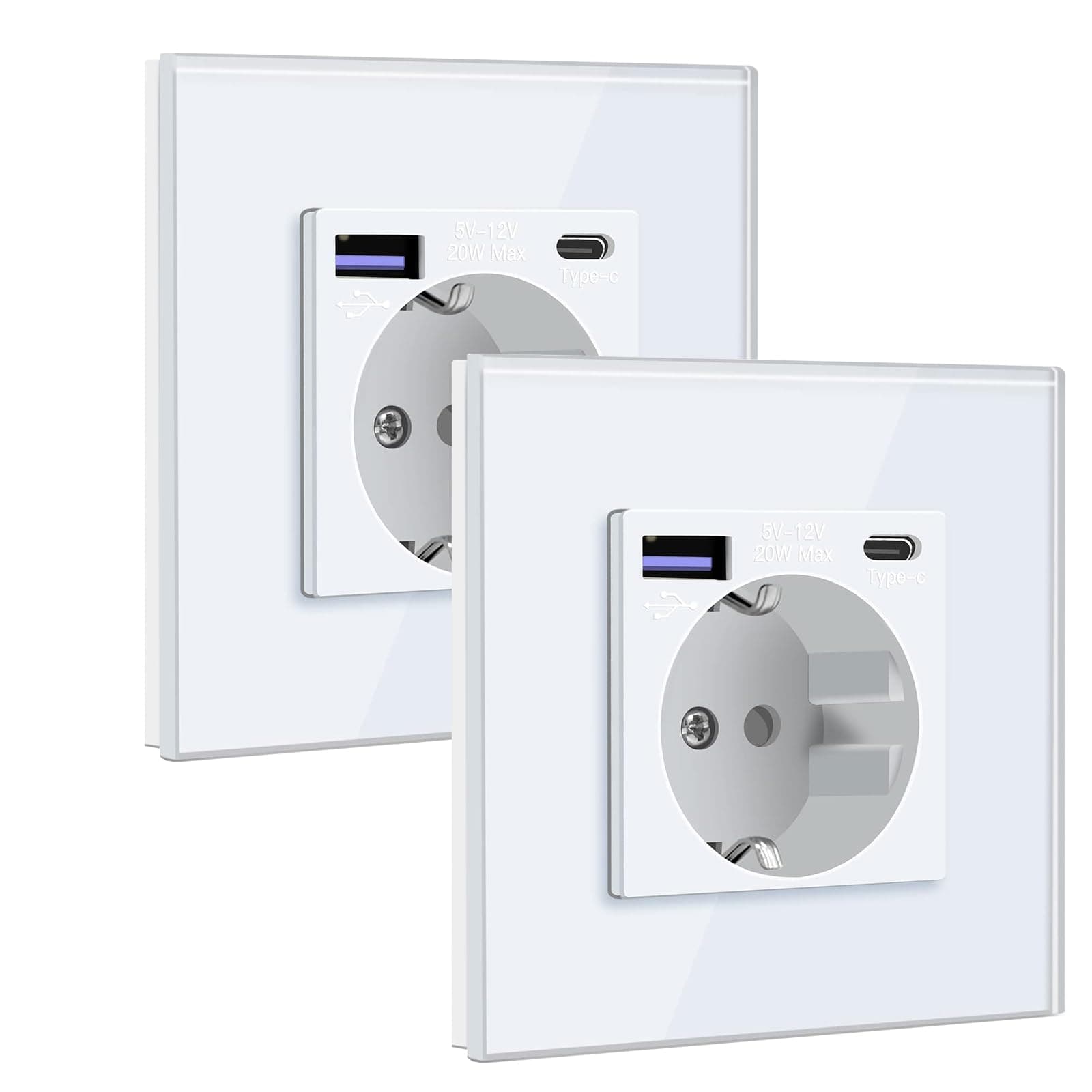 BSEED Enchufe Schuko con USB C 20W 1 Gang 2 Pack, Enchufe de Pared con USB 16A con Placa de Cristal 86 * 86mm, Blanco