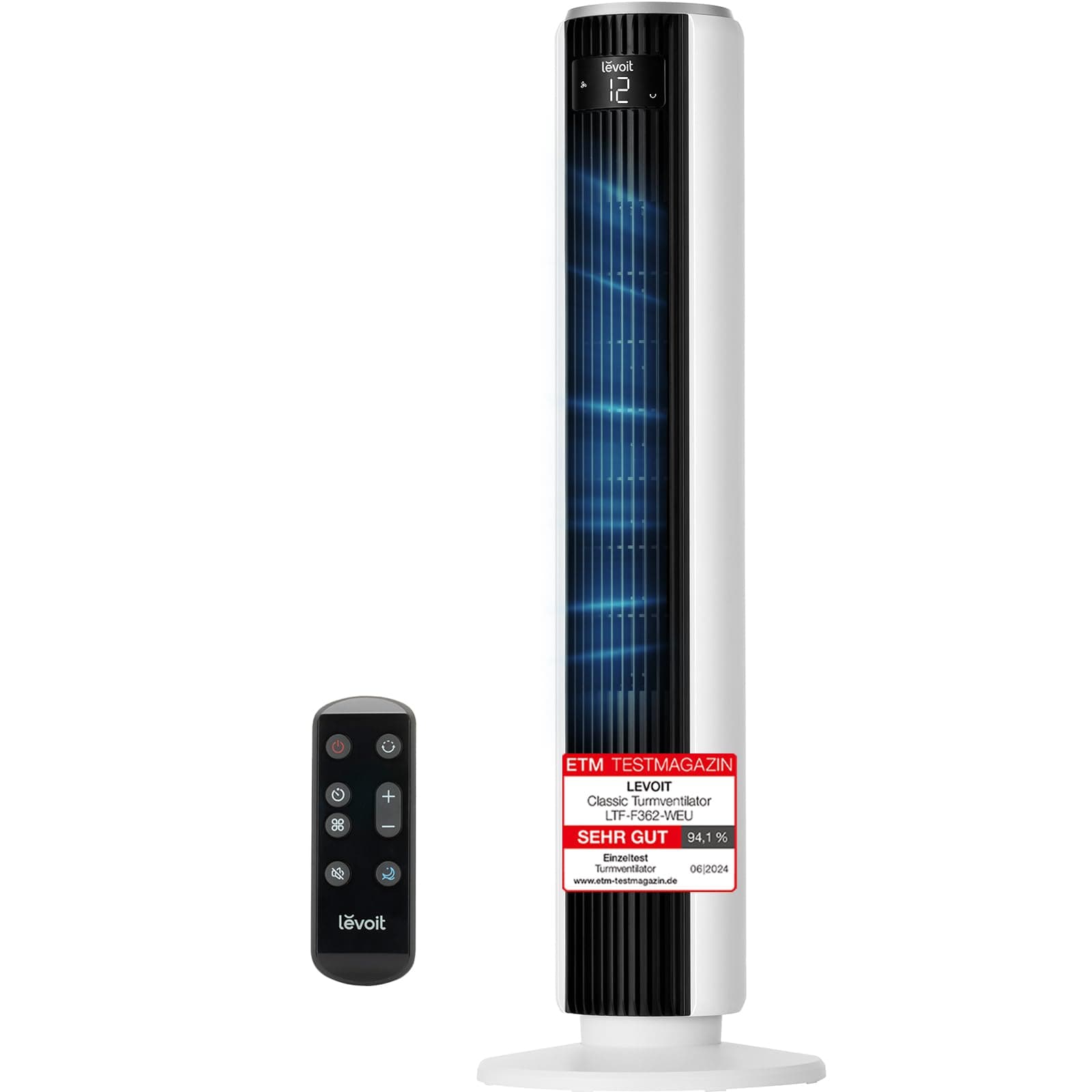 Levoit - DC Motor Turmventilator - 20dB sehr leiser Ventilator - 4 Modi/12 Stufen/12 Std Timer - Fernbedienung & Kühlung - Tower Fan mit 7,9m/s Geschwindigkeit - 24W Standventilator - Weiß, 92 cm