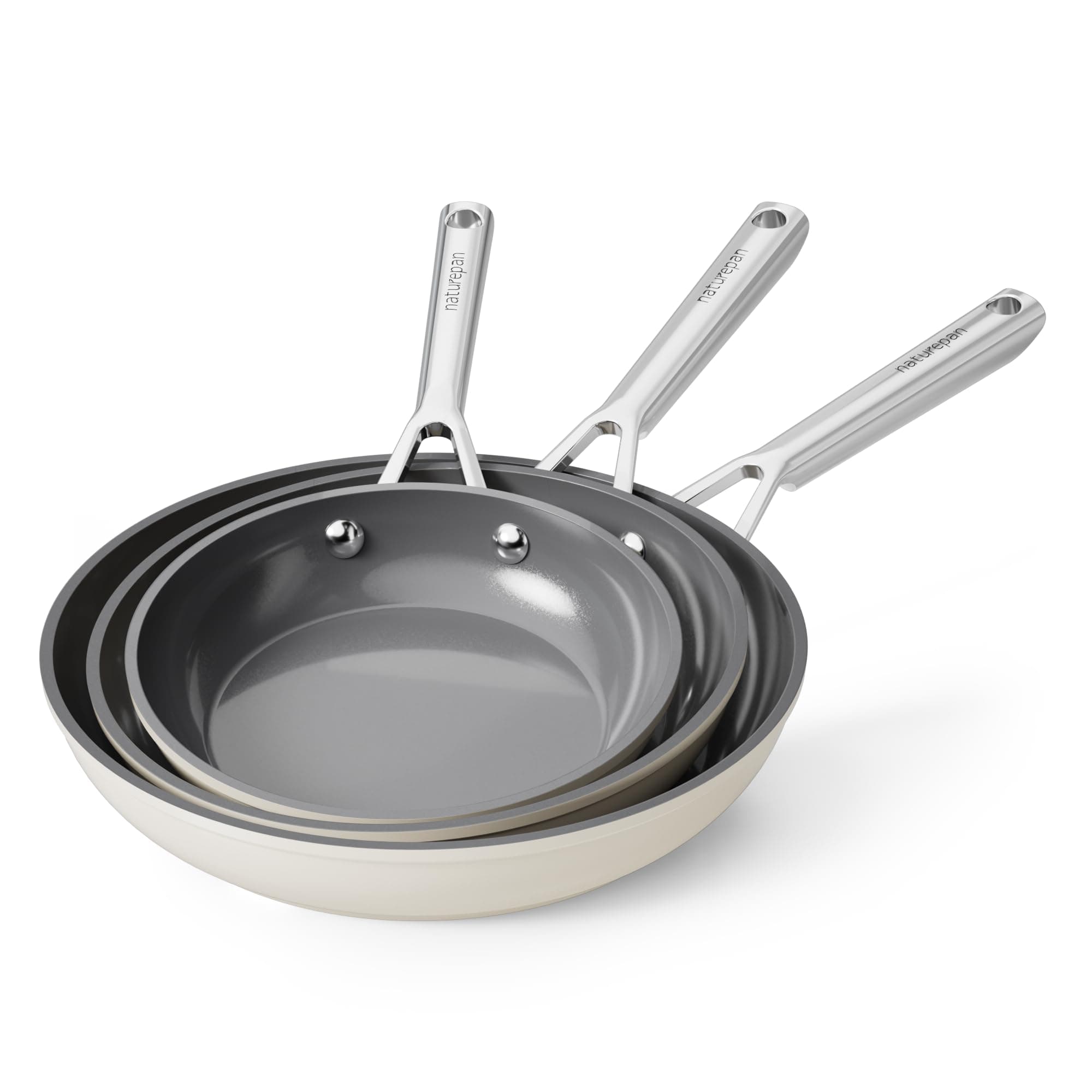 naturepan DiamondTitan Set 3 Sartenes Cerámicas (20+24+28 cm), Antiadherente para Todas Cocinas, Sin PTFE PFAS PFOA, Aptas para Horno, Lavavajillas con Mango que Permanece Frío (Beige)