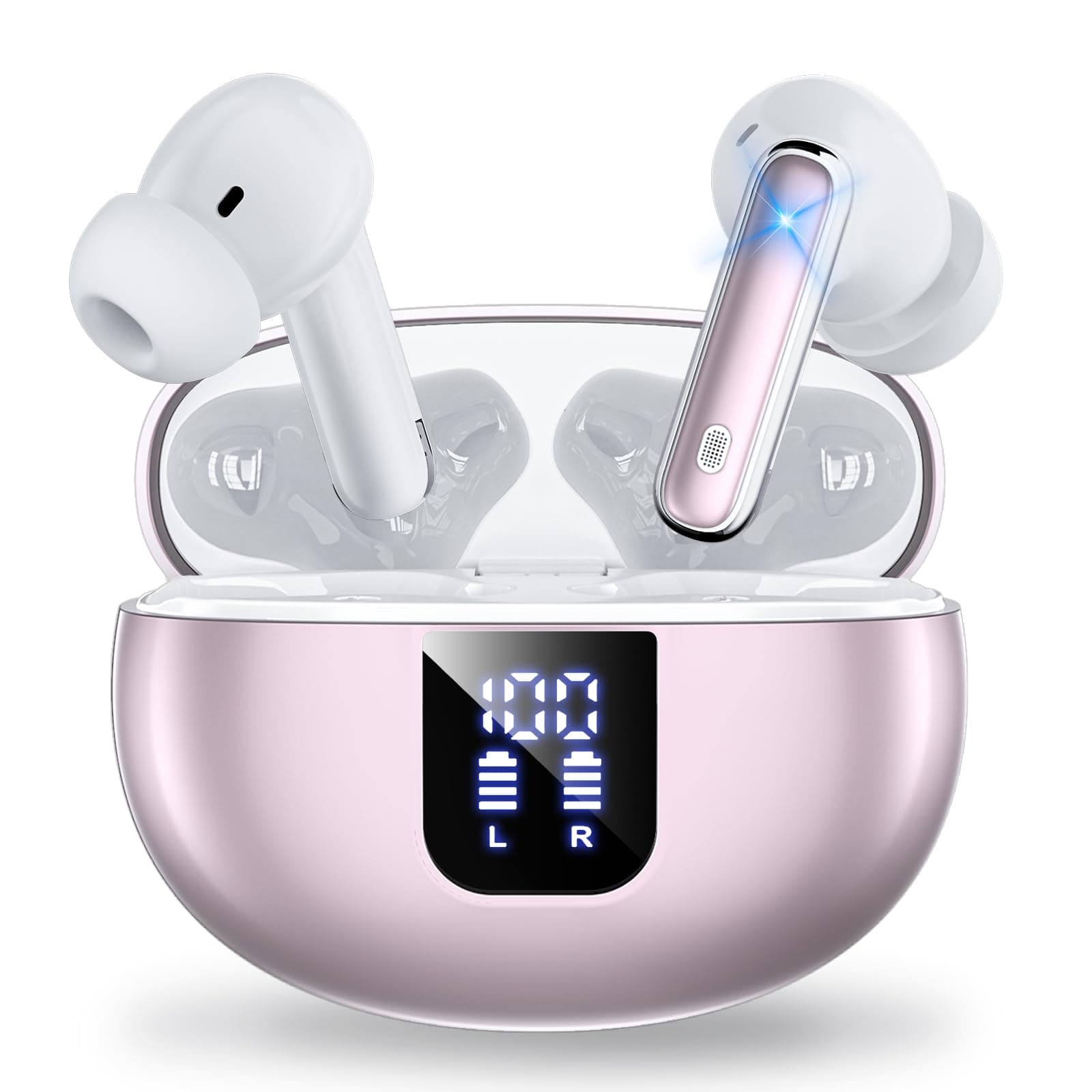 Auriculares Bluetooth intrauditivos, Auriculares inalámbricos ANC Bluetooth 5.4, 36H Tiempo de reproducción Pantalla LED, Modo Transparencia Cascos Sonido estéreo con Graves Profundos（Oro Rosa）