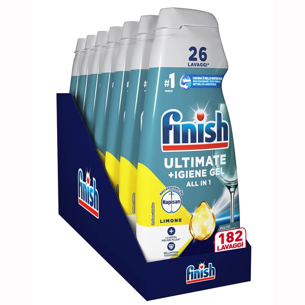 Finish Quantum + Igiene, Detersivo Lavastoviglie Raccomandato da Napisan, Gel Lavastoviglie al Limone, 182 Lavaggi, 7 confezioni da 26 Lavaggi di Liquido Lavastoviglie