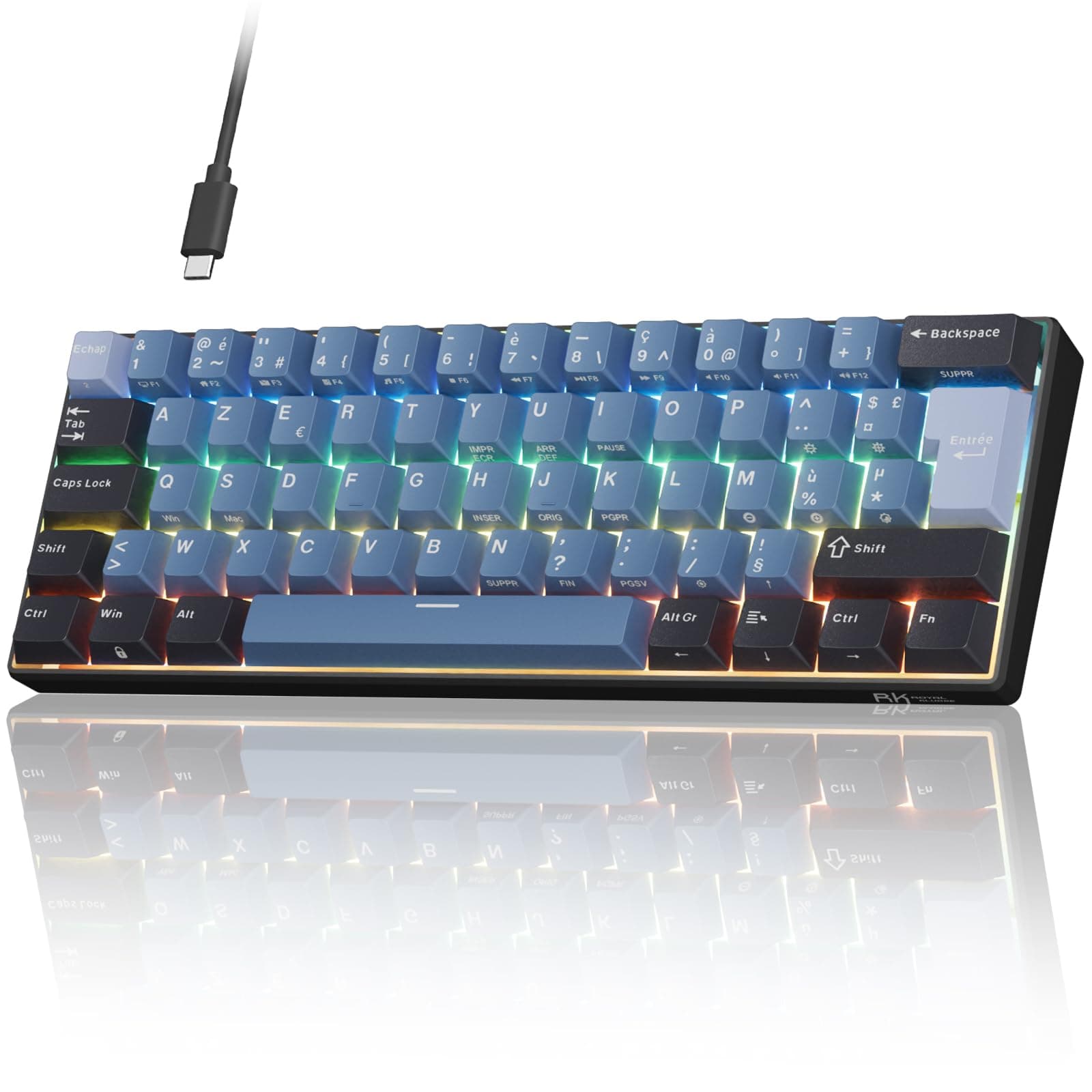 RK ROYAL KLUDGE C61 Clavier mecanique Filaire 60% avec Interrupteur Magnétique à Effet Hall, Rapid Trigger 0.01mm, Polling Rate 8000 Hz, RGB, Clavier AZERTY pour PC/Mac, Bleu