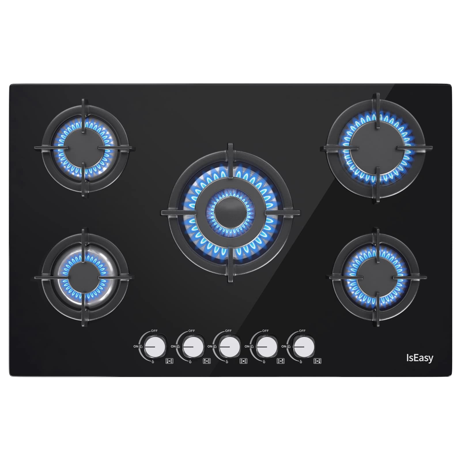 Piano Cottura Gas 5 Fuochi, 10500W, Bruciatore Rapido, Bruciatore Wok, Precisa Regolazione della Fiamma, Sicurezza Sicurgas, 730x480cm