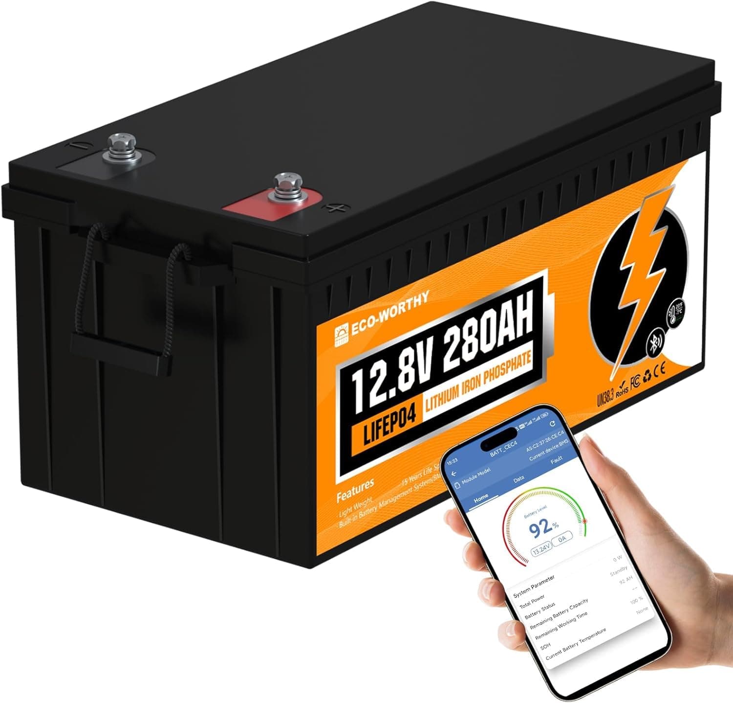 ECO-WORTHY Bluetooth Batterie Lithium 12V 280AH, LiFePO4 Rechargeable avec BMS, Batterie Lithium pour Camping-Car, pêche à la Ligne, caravanes, système Solaire