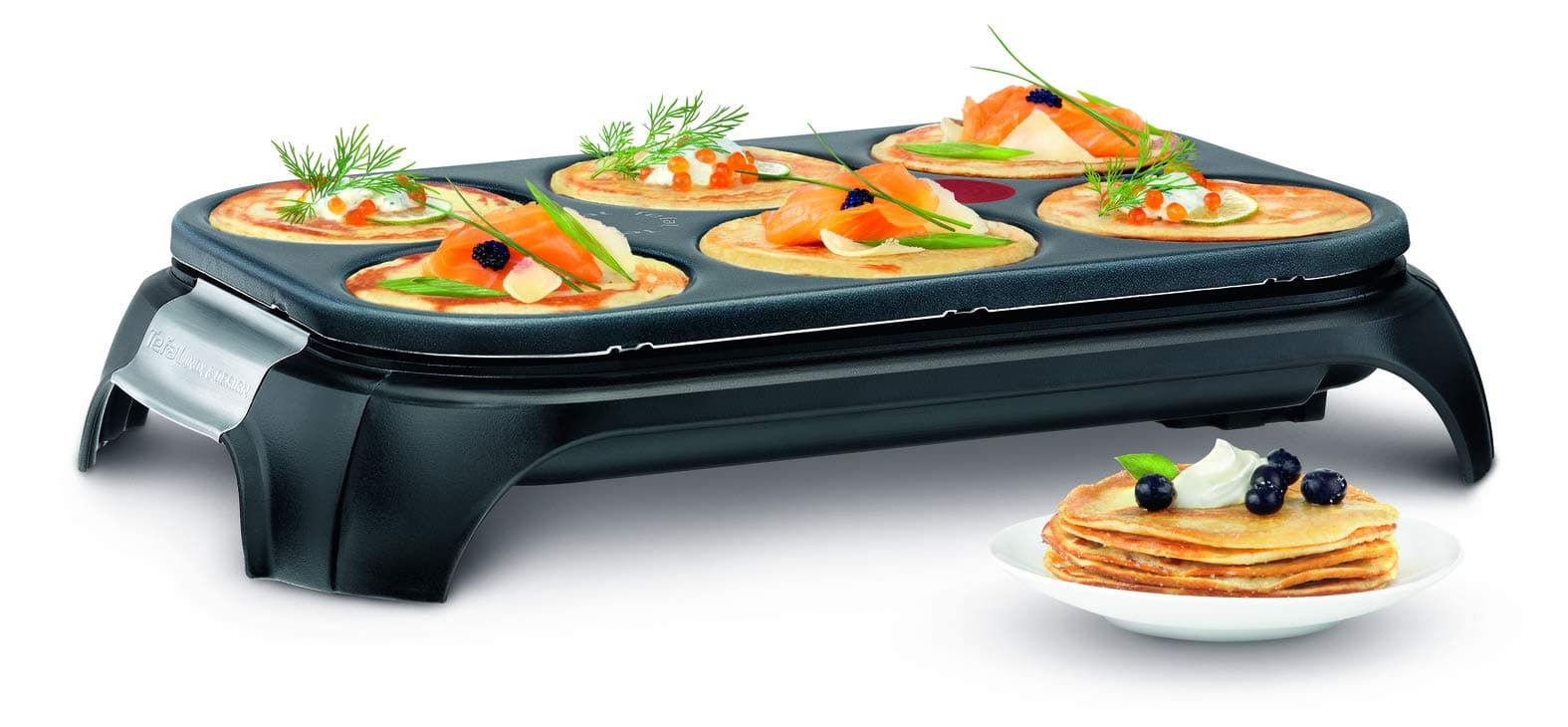 Tefal Crêpière électrique, 6 empreintes, Revêtement antiadhésif, Fonction Thermospot, Rangement des accessoires sous l’appareil, Crêpes, Pancakes, Fabriqué en France, Crep Party PY558813, Noir/Inox