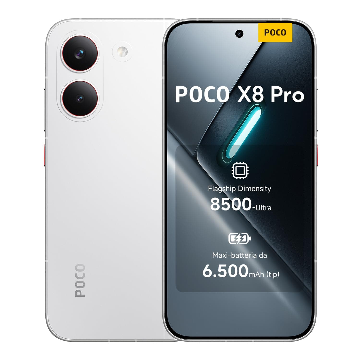 POCO X8 Pro, Smartphone 8+256GB, Dimensity 8500-Ultra, Batteria 6500mAh (typ), Display AMOLED ultra luminoso, Fotocamera 50MP con OIS, Bianco, Garanzia 2 anni+1 anno extra, Caricatore non incluso