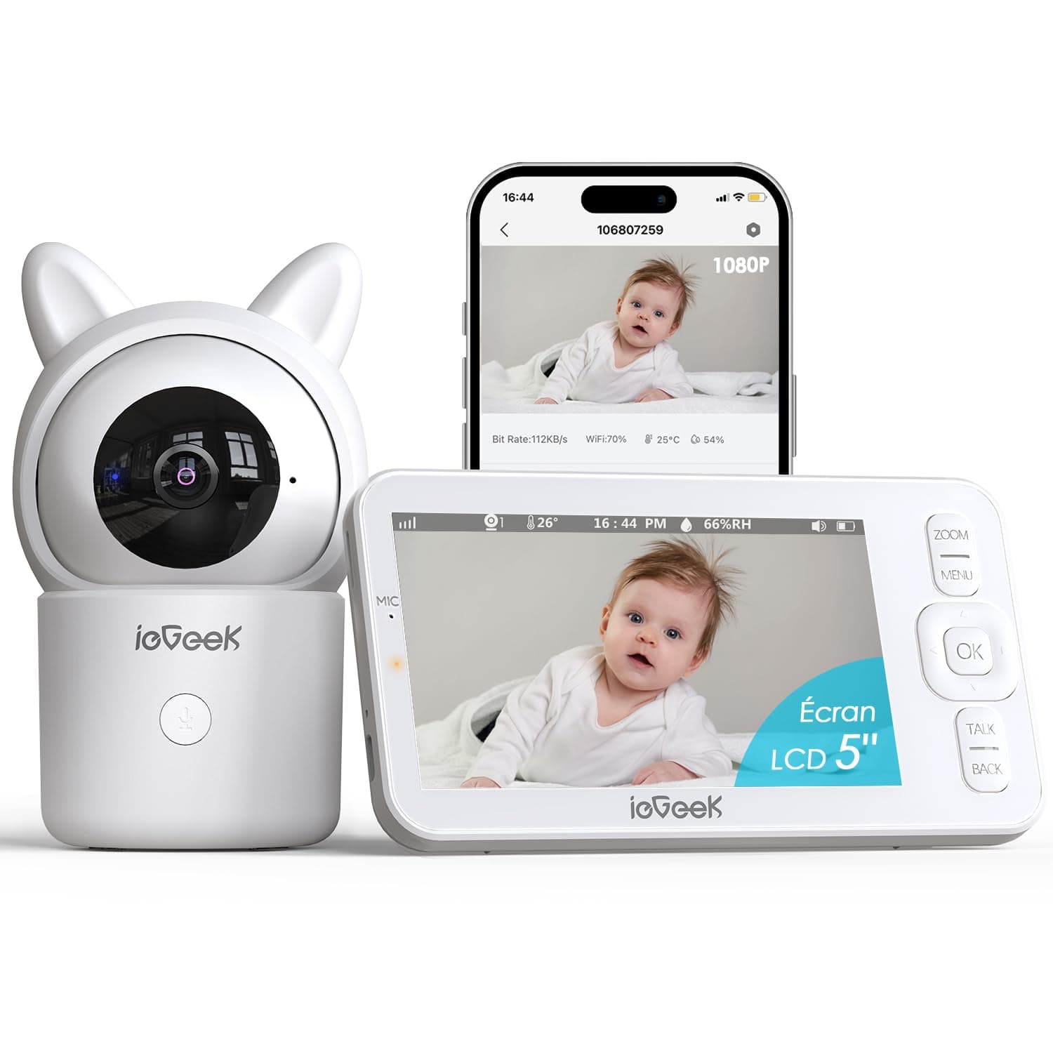 ieGeek 1080P/ 5" Babyphone Caméra,PTZ 355° Baby Phone Vidéo connecté Smartphone, Visiophone avec Alertes Intelligentes/Vision Nocturne/Suivi Automatique (Baby 7)