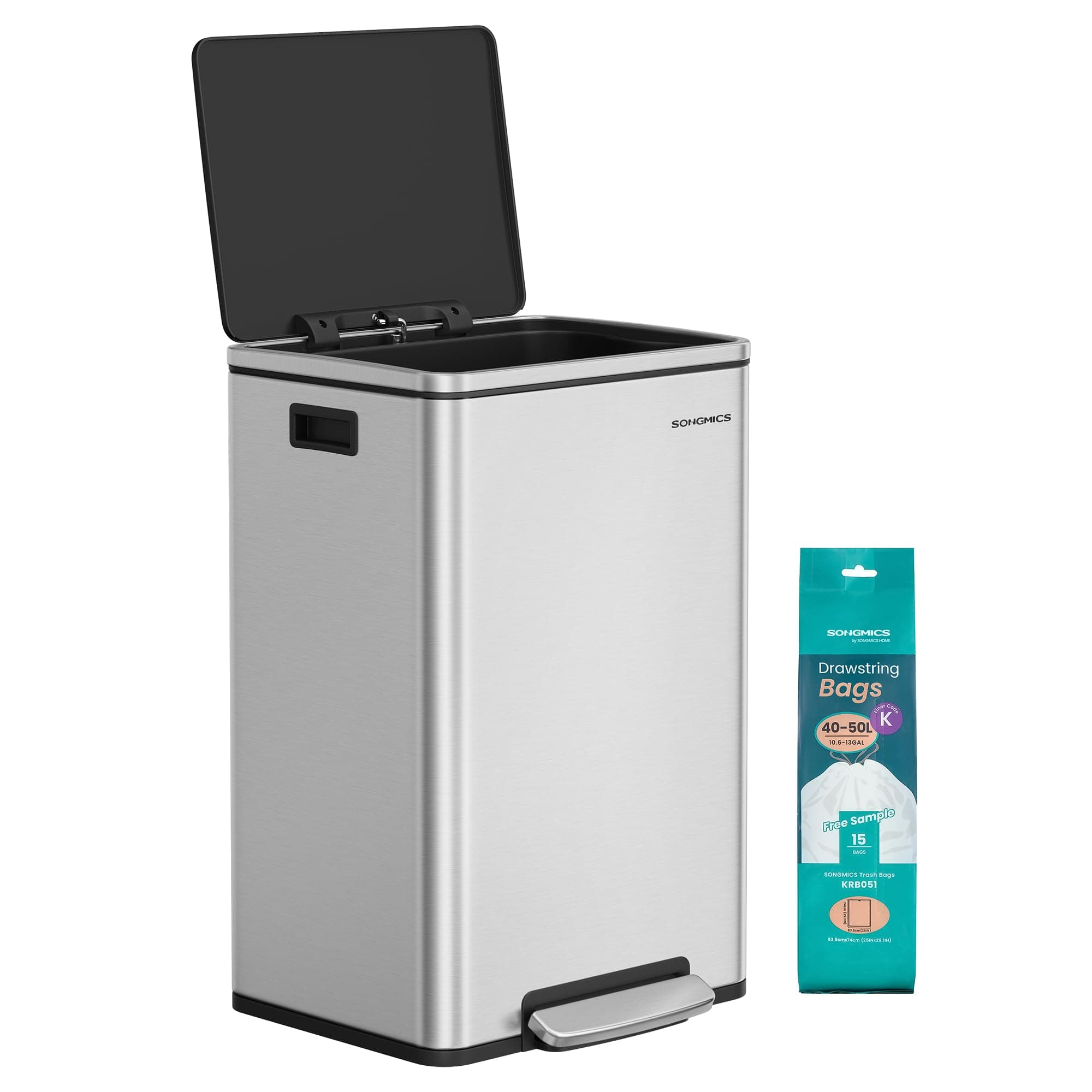 SONGMICS Pattumiera da Cucina 50 L, con 15 Sacchi per Spazzatura, Acciaio Inox, Secchio in Plastica Rimovibile, Cestino a Pedale con Coperchio Maniglie Chiusura Morbida, Colore Argento LTB595E01