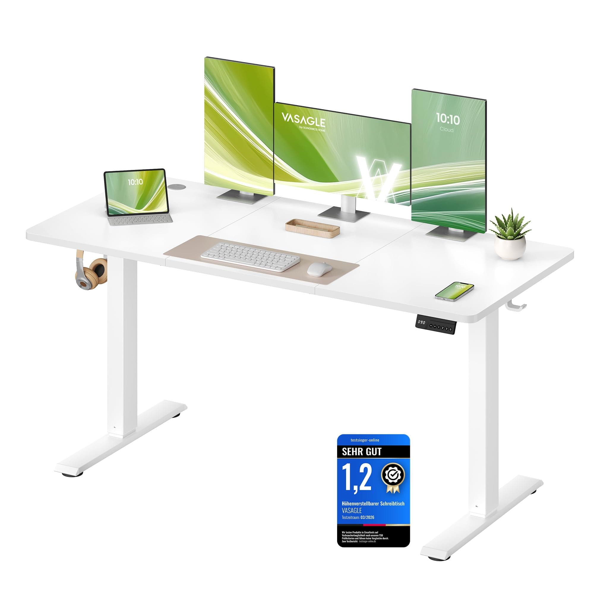 VASAGLE Höhenverstellbarer Schreibtisch, Stehtisch, Computertisch, Erinnerung bei langem Sitzen, Memory-Funktion mit 4 Höhen, für Büro, 140 x 60 cm, wolkenweiß LSD314WZ03