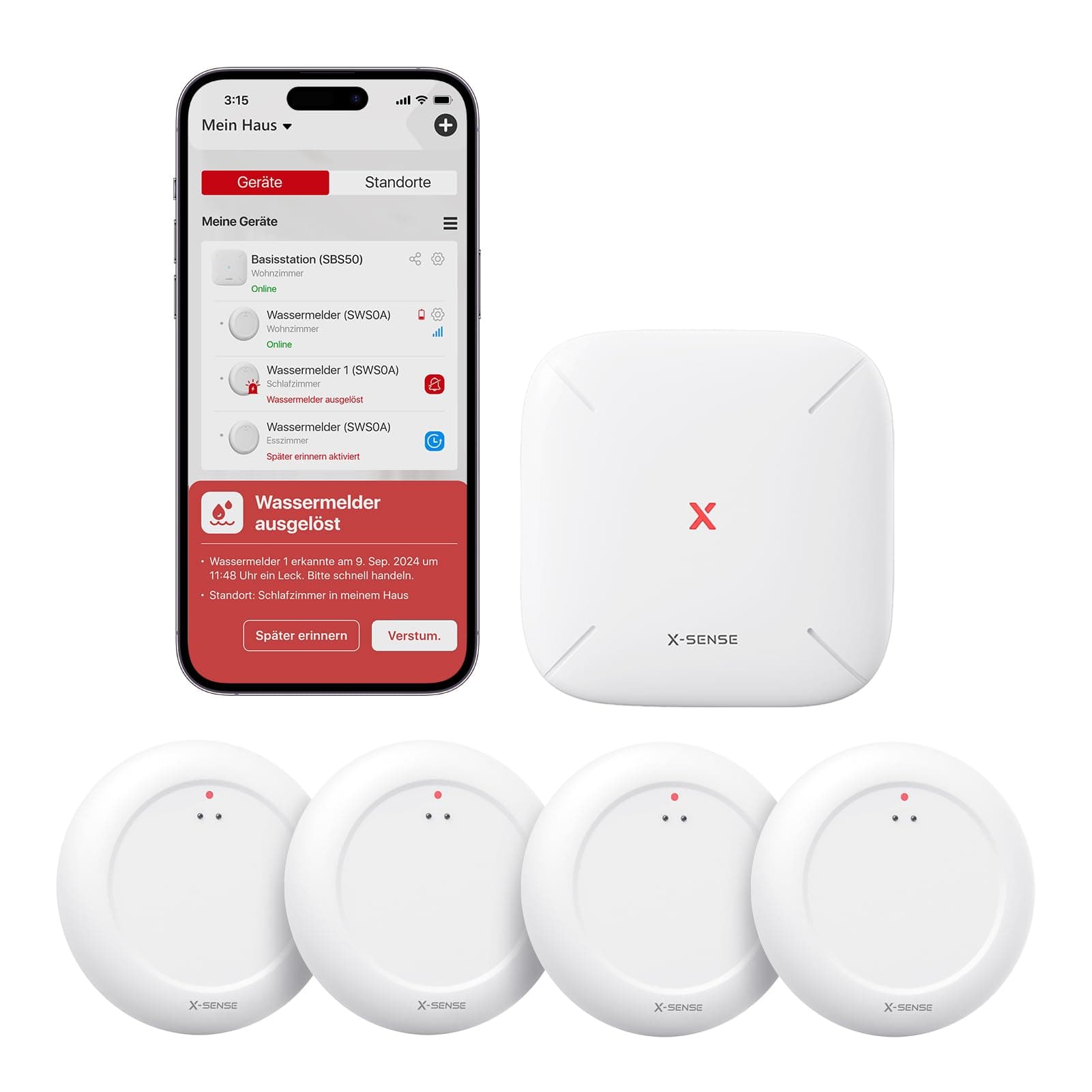 X-Sense Wassermelder WLAN mit SBS50 Basisstation, Smarter Wassermelder, App-Warnungen（nur 2.4Ghz）, wasserdicht nach IP67, Funk-Wassersensor für Küche, Bad, Keller, SWS0A41, 5er Set