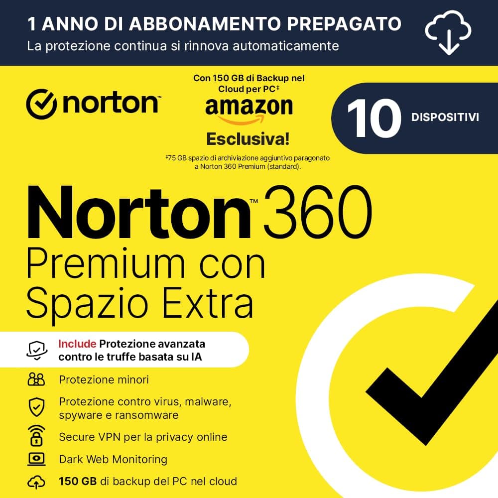 Norton 360 Premium| Extra Spazio Archiviazione|Esclusiva Amazon * 75 GB extra Cloud Backup| Antivirus 10 dispositivi |1 anno rinnovo automatico