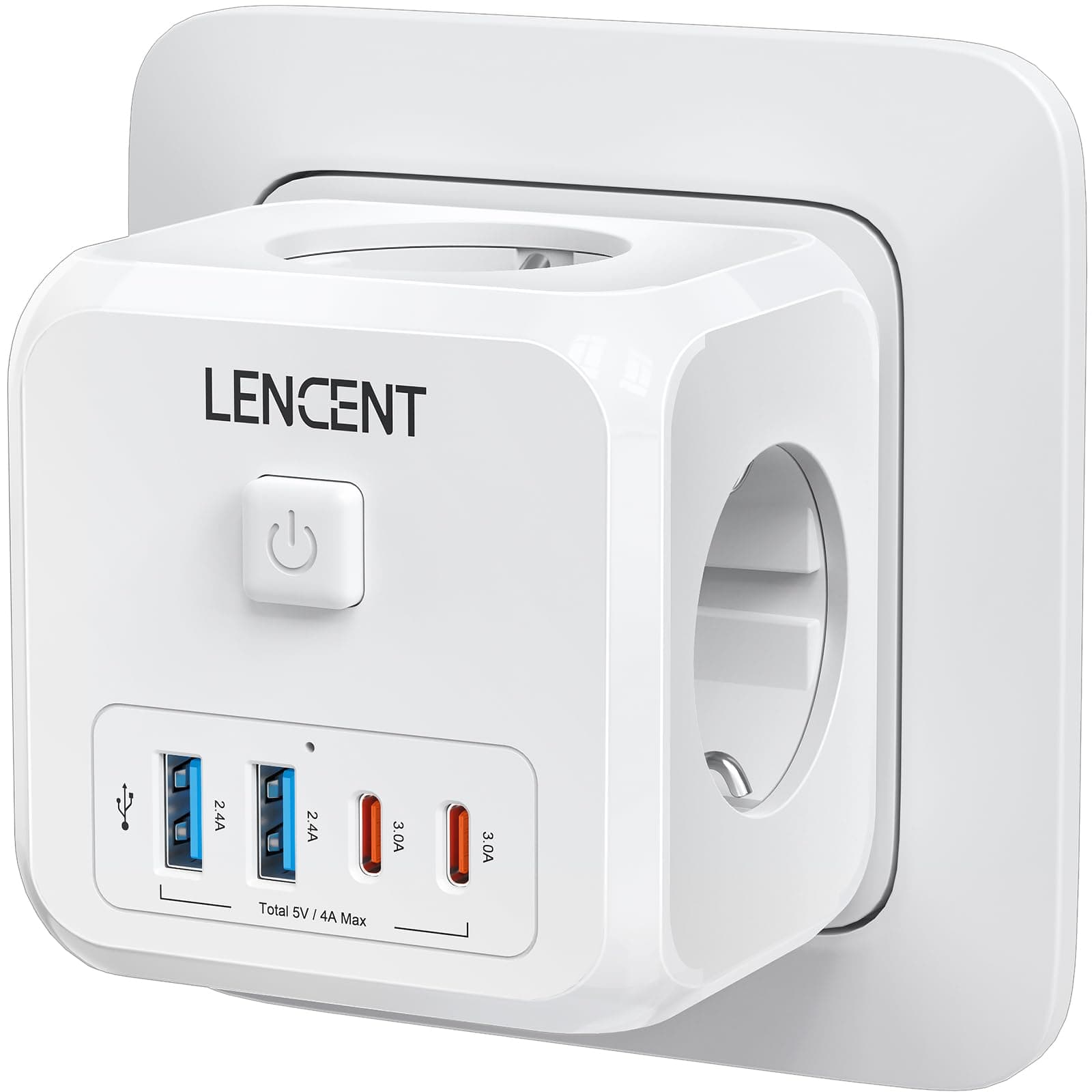 LENCENT Cubo Enchufe USB 7 en 1, Ladron Enchufes 4000W, Cubo Enchufes Múltiples Pared con 3 Tomas de CA, 2 USB-A, 2 Tipo-C y Interruptor, Cargador para Oficina, Cocina y Habitación, Blanco