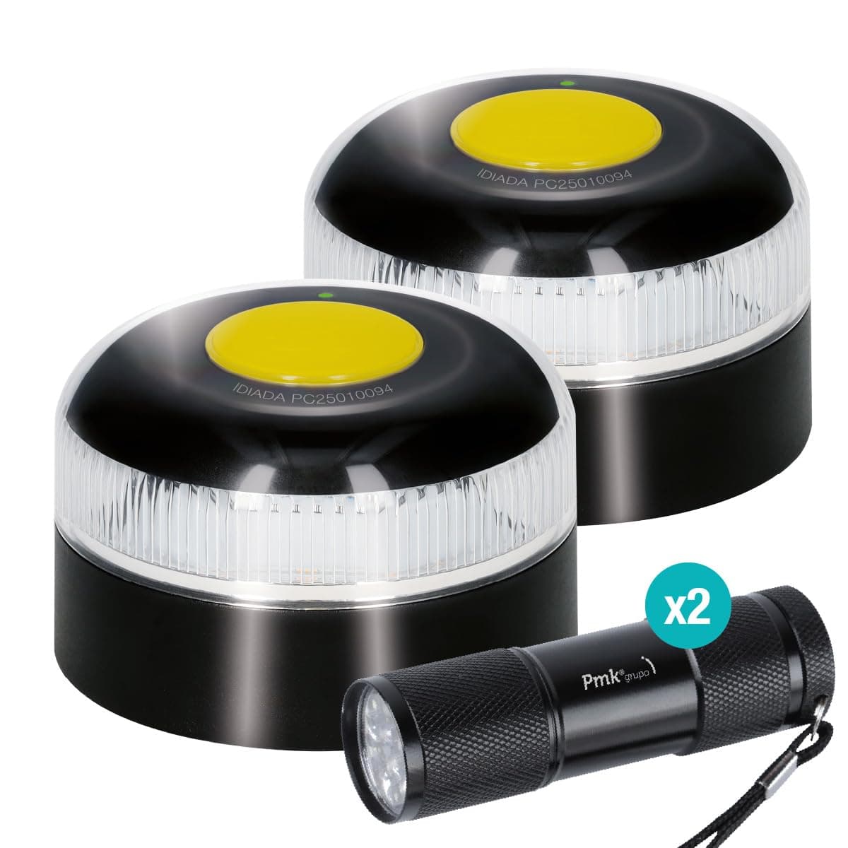 PMK GRUPO | Baliza V16 Conectada Homologada 2026 | Datos incluidos (hasta 12/2038) | Luz Emergencia LED 360º 1 km | Geolocalización GPS + SIM incluida | Conexión a DGT (Pack 2 balizas + 2 linternas)