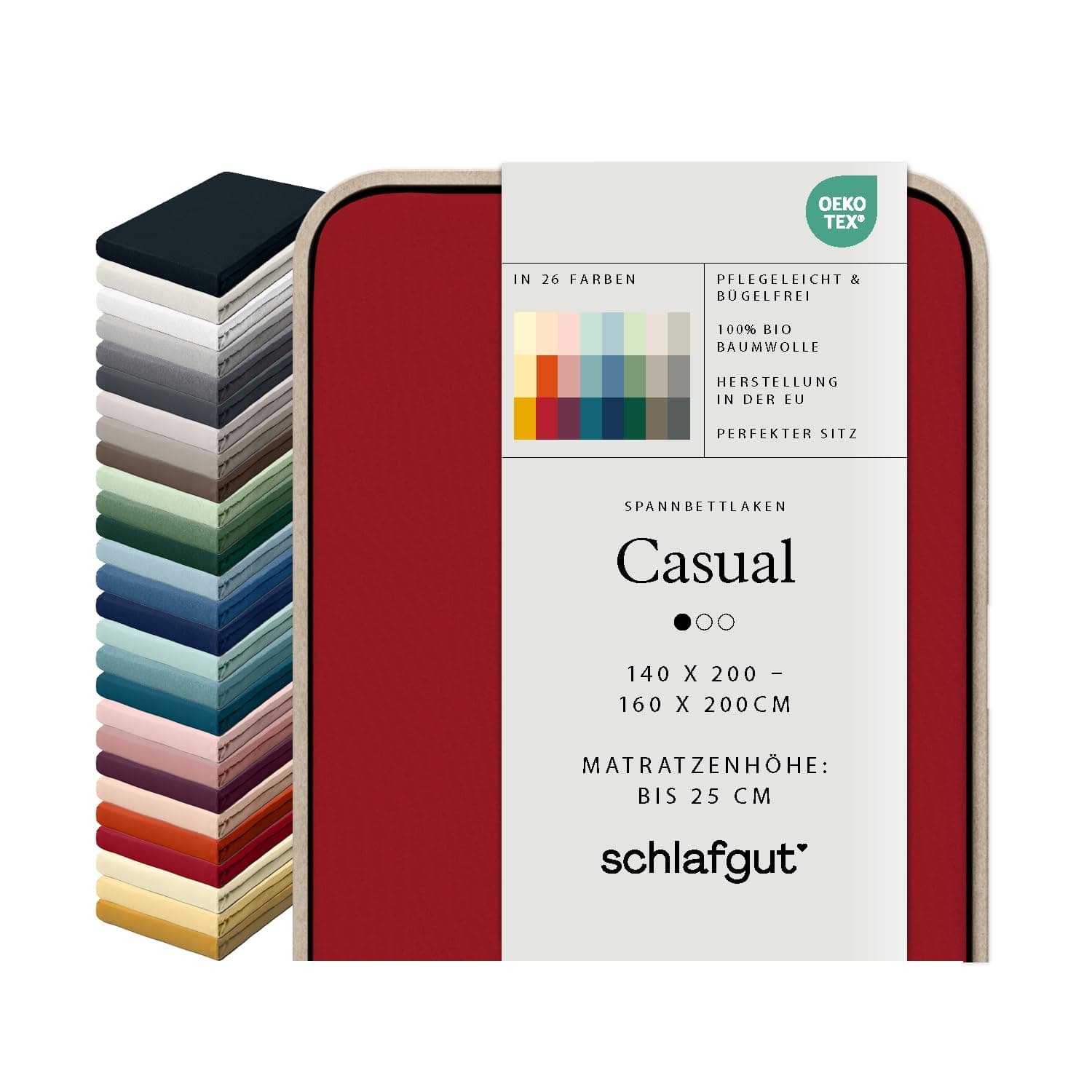 schlafgut Casual Spannbettlaken 100% Bio Baumwolle Made in Green by Oeko TEX (140x200cm bis 160x200cm Matratzenhöhe bis 25cm, Red Deep)