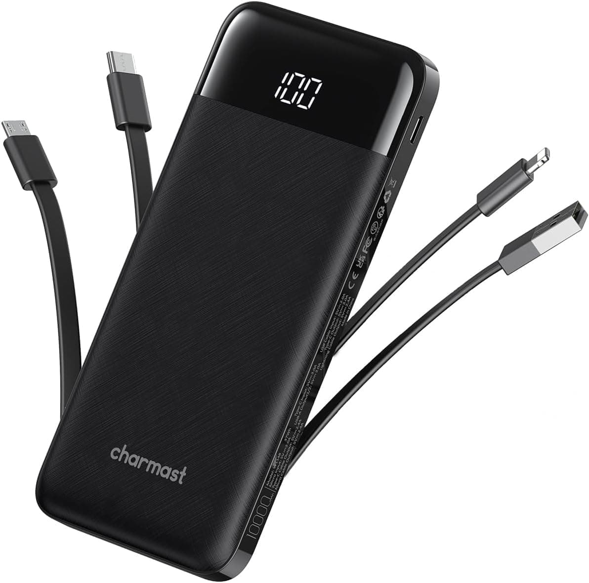 Charmast Batterie Externe, 10000mAh Power Bank avec 4 Câbles Intégrés, USB C Mince Batterie Portable Compatible avec iPhone 17/16/15, AirPods, iPad, Samsung etc