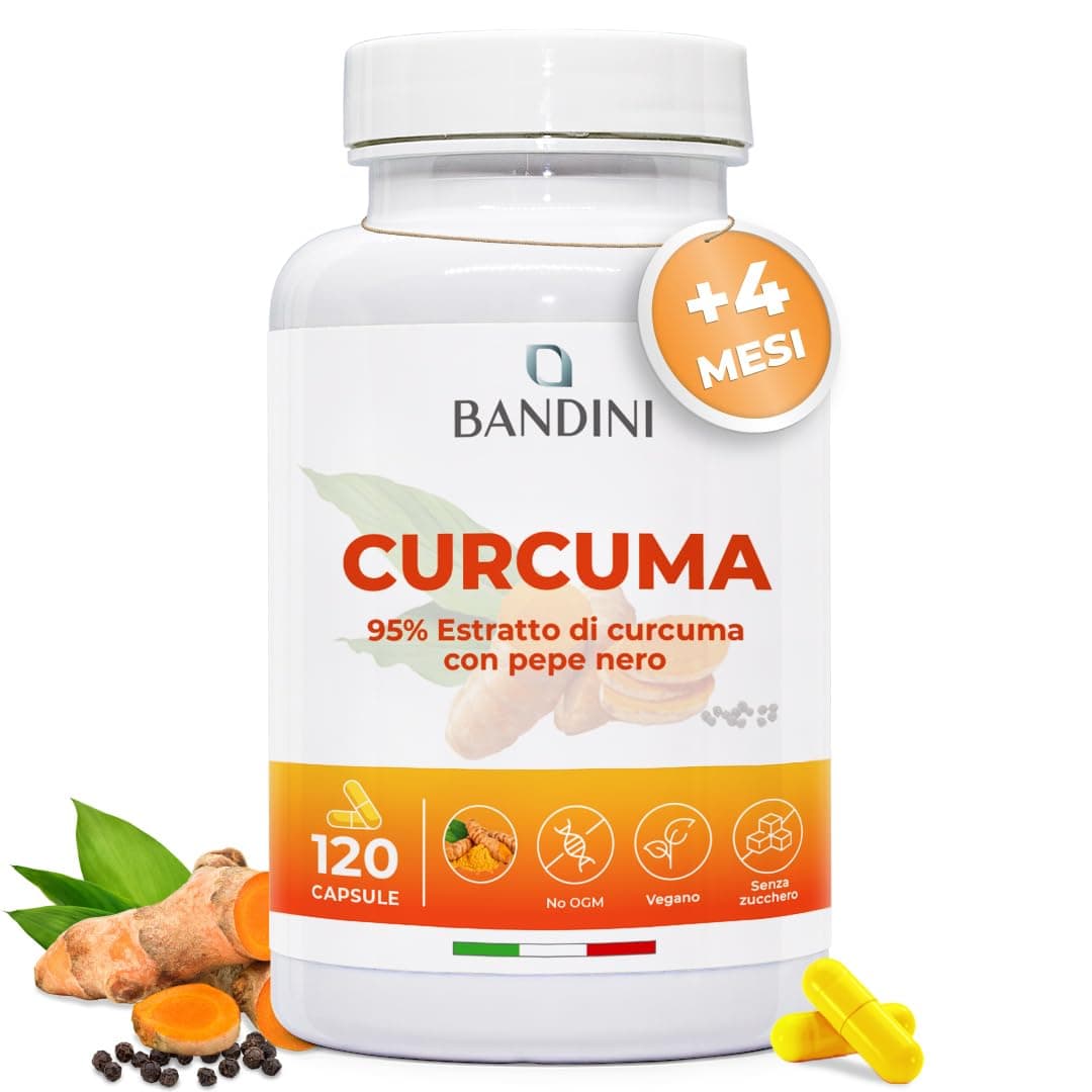 Bandini® Curcuma 120 capsule/4 mesi di fornitura | 700 mg per capsula di Kurkuma al 95% + Piperina dal Pepe Nero (Alto Dosaggio) | Alternativa alla Polvere | Tumeric 100% Vegan Senza OGM