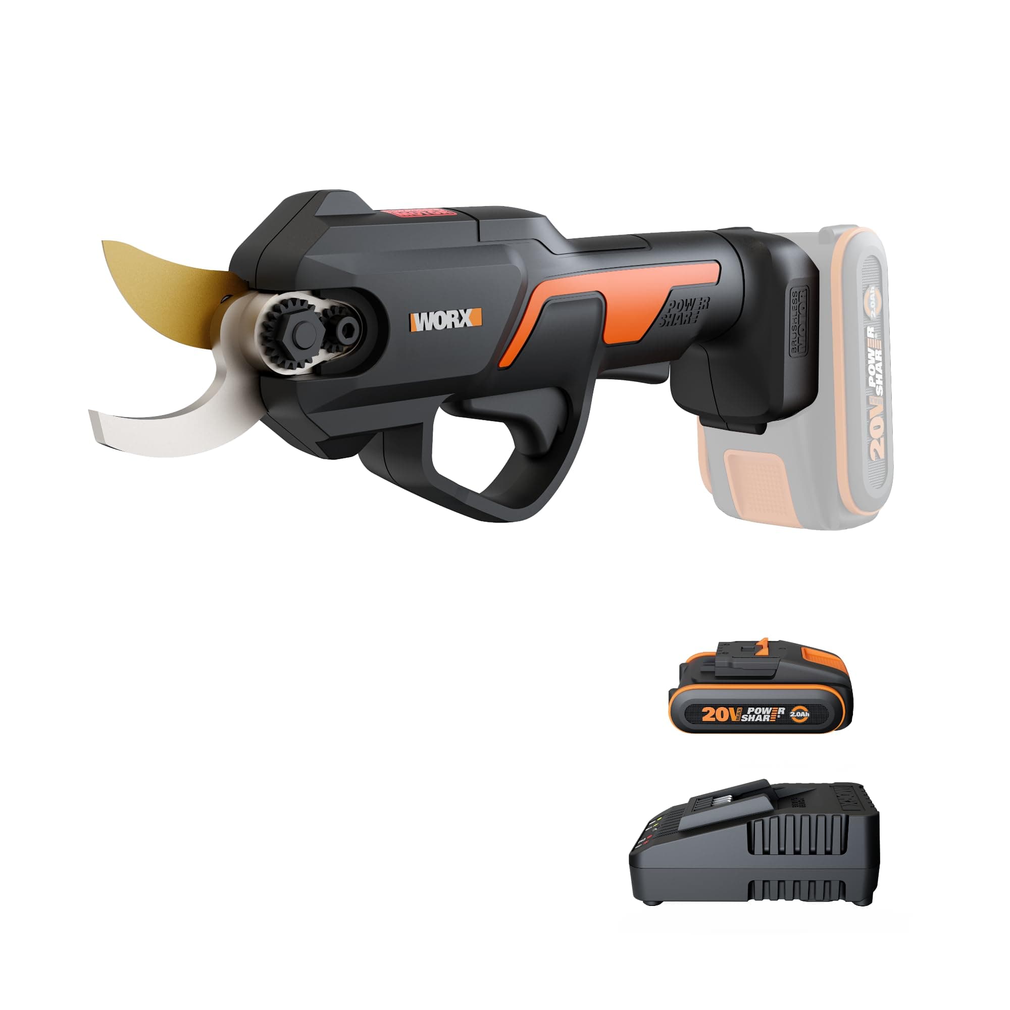 WORX Sécateur sans Fil 20V WG330E, Brushless, Coupe 25 mm, 1500 coupes en une charge, double protection, compact et léger, Lames haute résistance SK5, livré avec une batterie 2Ah et chargeur