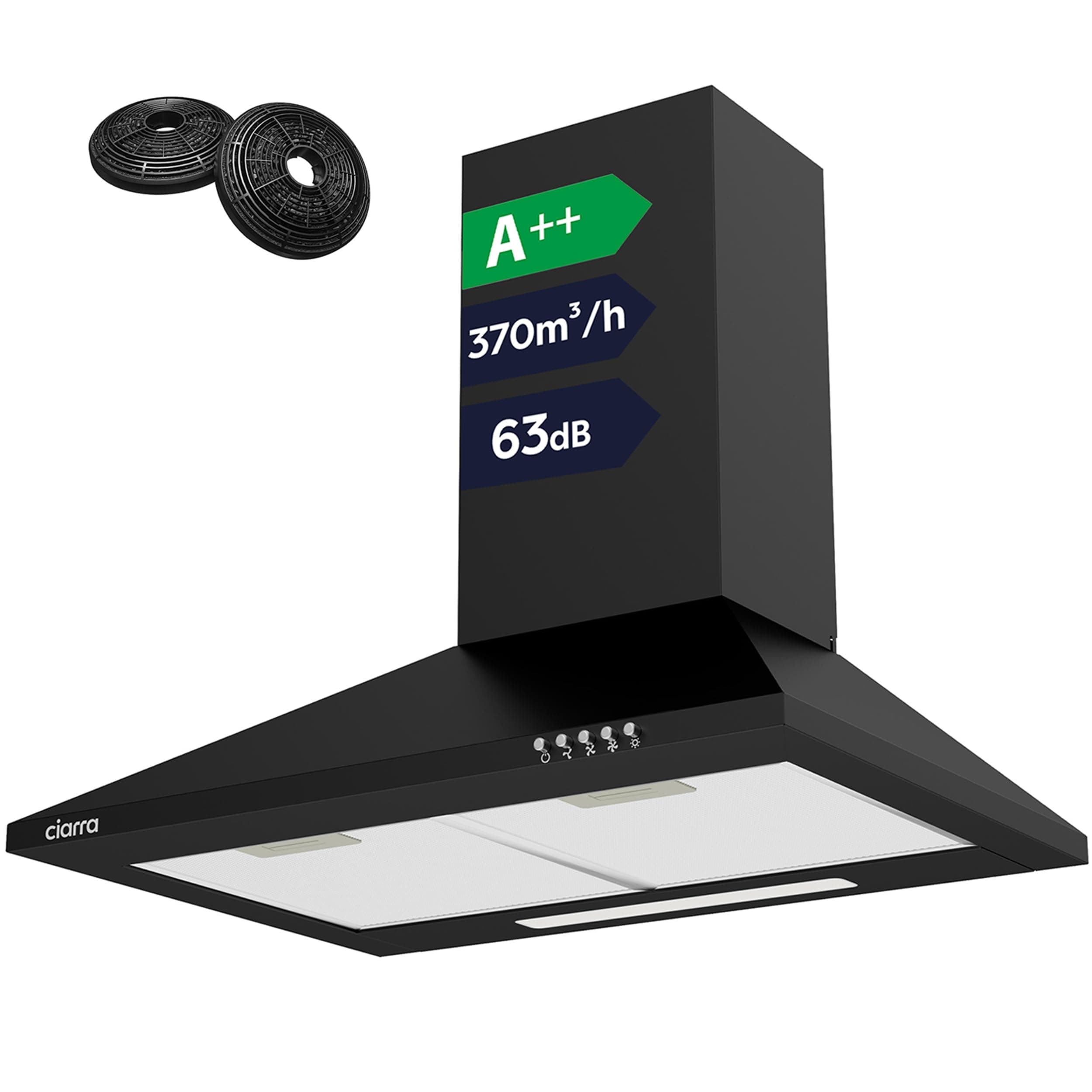 CIARRA CBCB6201 Cappa Aspirante Cucina 60 cm Classe A++ - Design Nero, 370 m³/h, 3 Livelli di Potenza, Montaggio a Parete con Filtro Carbone CBCF002X2