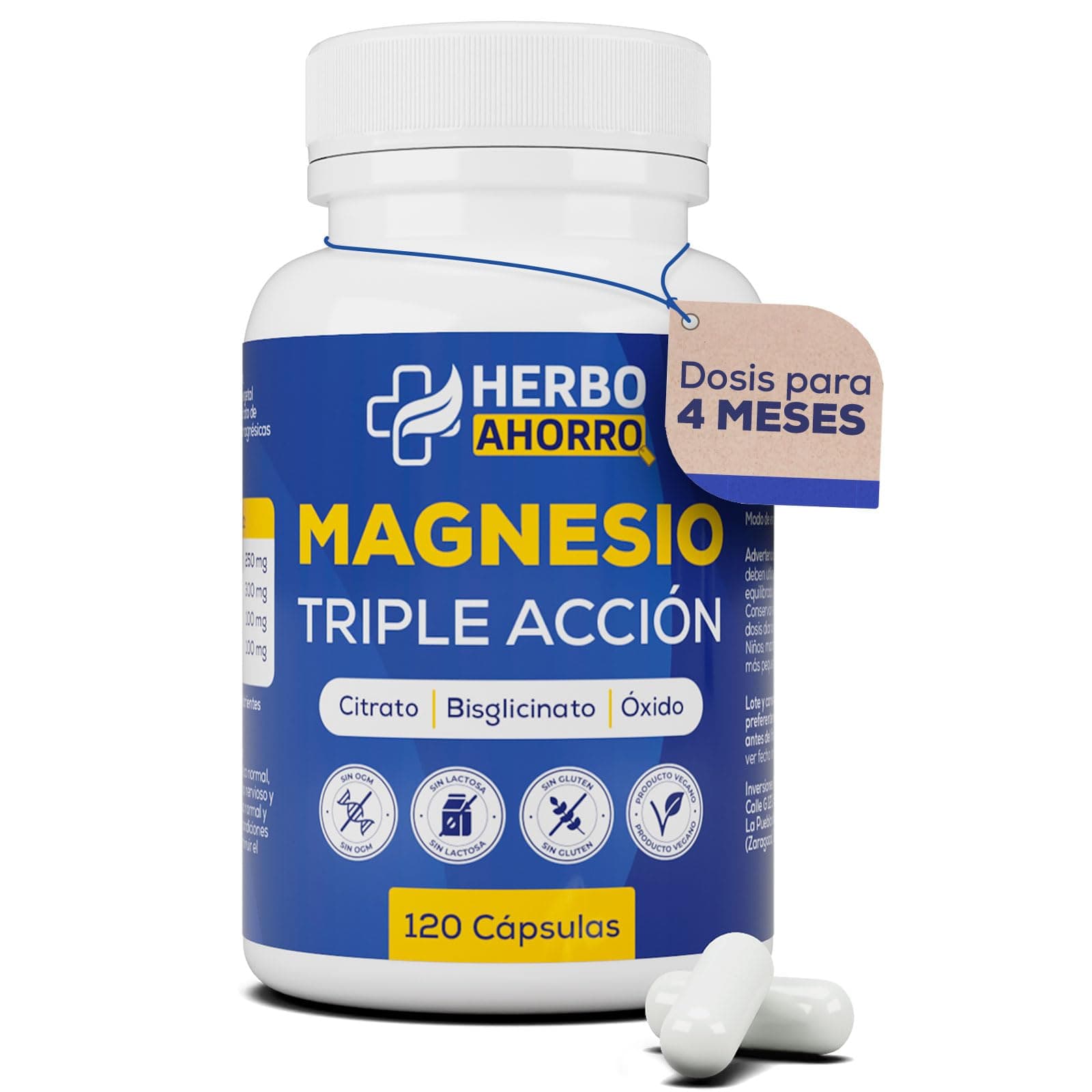 Magnesio Complex - Citrato, Bisglicinato y Óxido de Magnesio Triple - Alta Absorción - Reduce Cansancio y Fatiga, Alivia Dolor Articulaciones y Músculos – Favorece la Síntesis de Colágeno 120 cápsulas