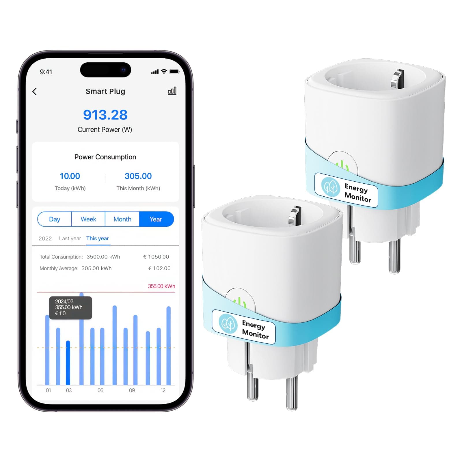 Meross Presa Smart WiFi con Monitoraggio Consumi, Presa Intelligente 16A, Presa Smart Schuko (Type F) Compatibile con Alexa, Google Home e SmartThings, Controllo Vocale e Remoto, 2 Pezzi