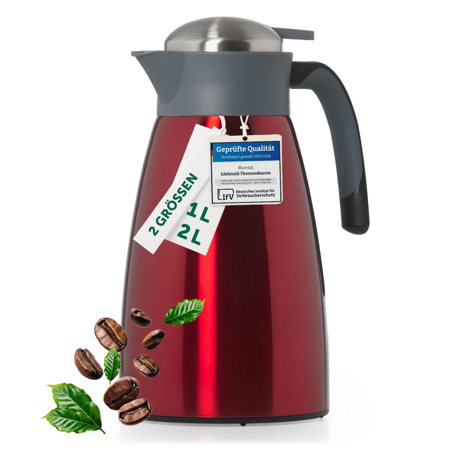 Blumtal Thermoskanne 2 Liter - BPA-freie Teekanne mit Quick Tip Verschluss - auslaufsichere Kaffeekanne Thermo für langanhaltende Isolation - Isolierkanne 2l - Thermoskanne 2l - Teekanne Edelstahl Rot