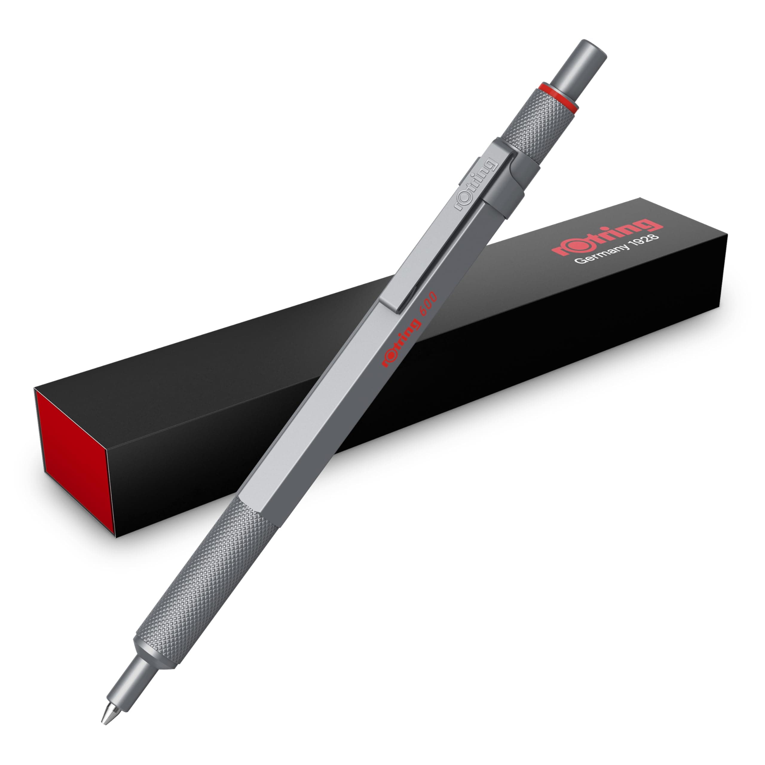 rOtring 600 Gelschreiber | 0,55 mm | Schwarze Tinte | Silberfarbenes Schreibgerät mit Metallschaft | Rutschfeste, gerändelte Griffzone und Sechskantschaft | Nachfüllbar