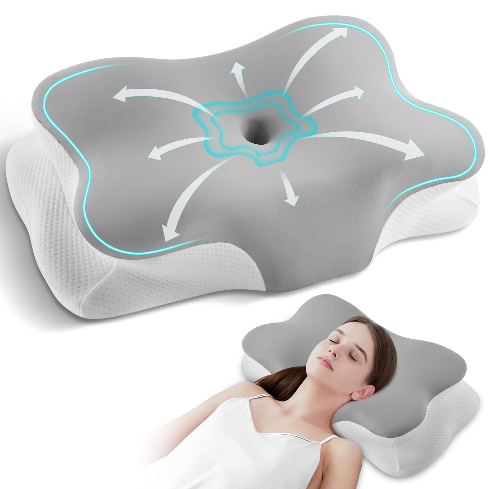 Silkena Oreiller Coussin Memoire de Forme,Oreiller Ergonomique Cervical,Oreillers Respirant,Adapté pour Ceux Qui Dorment sur Le Côté, sur Le Dos ou sur Le Ventre (Gris Clair)