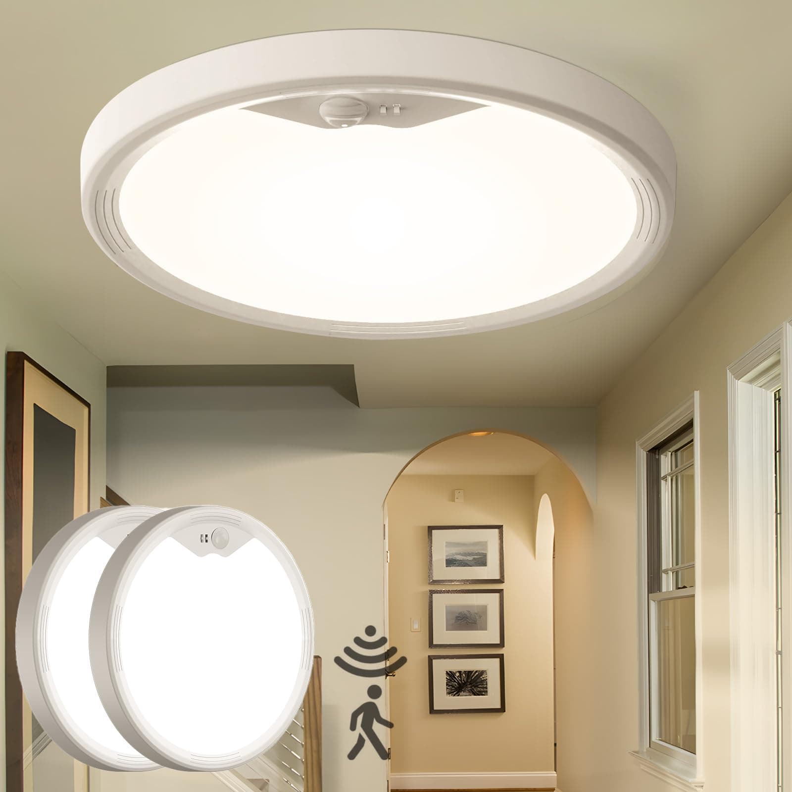 EASY EAGLE Plafon Luz LED con Sensor de Movimiento, 18W Lampara Techo 2700K/4000K/6500K, 1800LM Plafon LED Techo para Cocina Pasillo Balcón Escaleras Garaje Sótano, 22CM (Pack of 2)