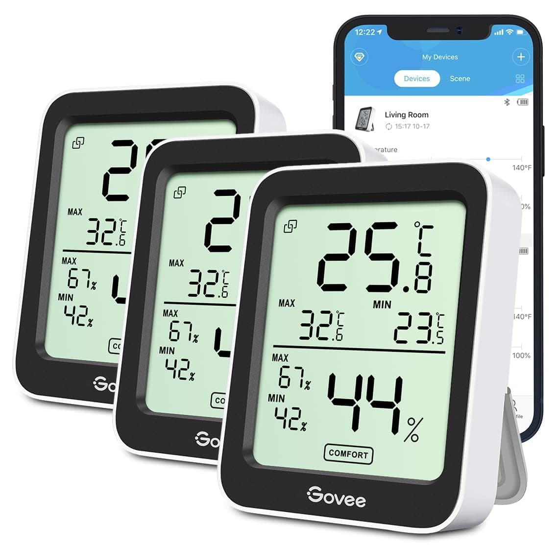 Govee Thermometer Hygrometer, Mini LCD Digital Temperatur luftfeuchtigkeitsmesser mit Benachrichtigungs Alarm, Präzise Hygrometer Temperatur, Datenspeicherung für Gewächshaus Weinkeller (3 pack)