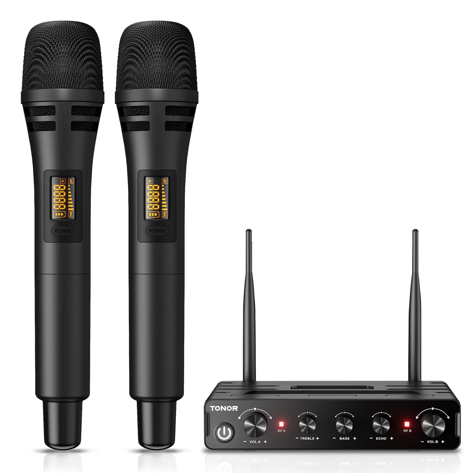 TONOR Micrófono Inalámbrico, Dual Mic UHF Sistema de Micrófono Dinámico de Mano con Receptor, Compatible con Amplificador, Sistema PA,para Karaoke Domestico/Boda/DJ/Fiesta/Iglesia,60M, Negro,TW350