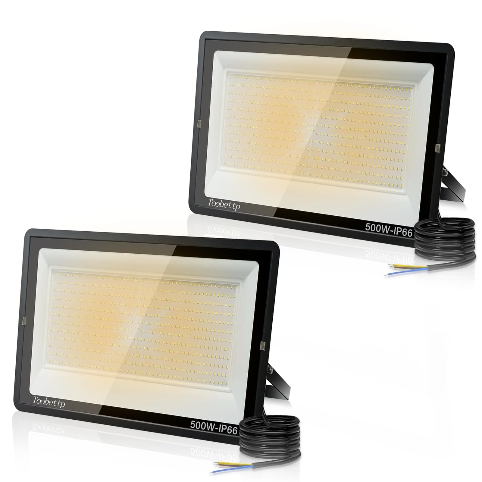 toobettp 2 Pezzi 500W Foco LED Exterior, 50000LM Focos Led un Alto Brillo de 3500K Blanco Cálido, IP66 Impermeable Aplique Pared para Garaje Jardín Patio Parque