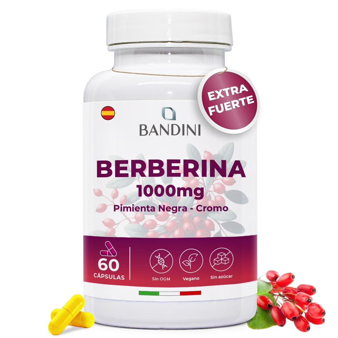 Bandini® Berberina 1000 mg Pura - Con Cromo y Pimienta Negra para una mejor absorción - El mejor extracto concentrado de Berberis Vulgaris - Control de la glucosa y triglicéridos - 60 cápsulas veganas