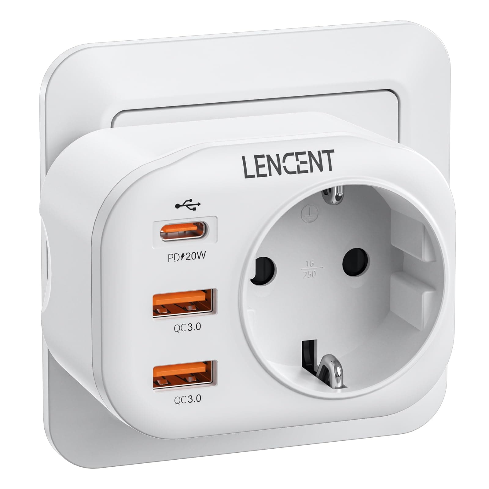 LENCENT Ladron Enchufe USB C 4000W, Cargador con Carga Rápida QC3.0+PD20W, Cargador con 1 Toma de CA & 3 Puertos USB, para Móvil, Tableta, Adecuedo para Familia, Cocina y Oficina