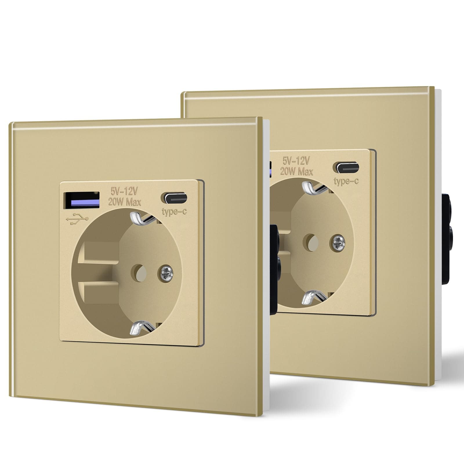 BSEED Enchufe Pared con 20W USB y Tipo C,Enchufe USB C de Cristal,Carga Rápida,3 en 1，Fácil Instalación,1 Enchufe-2 Pack,86mm Oro