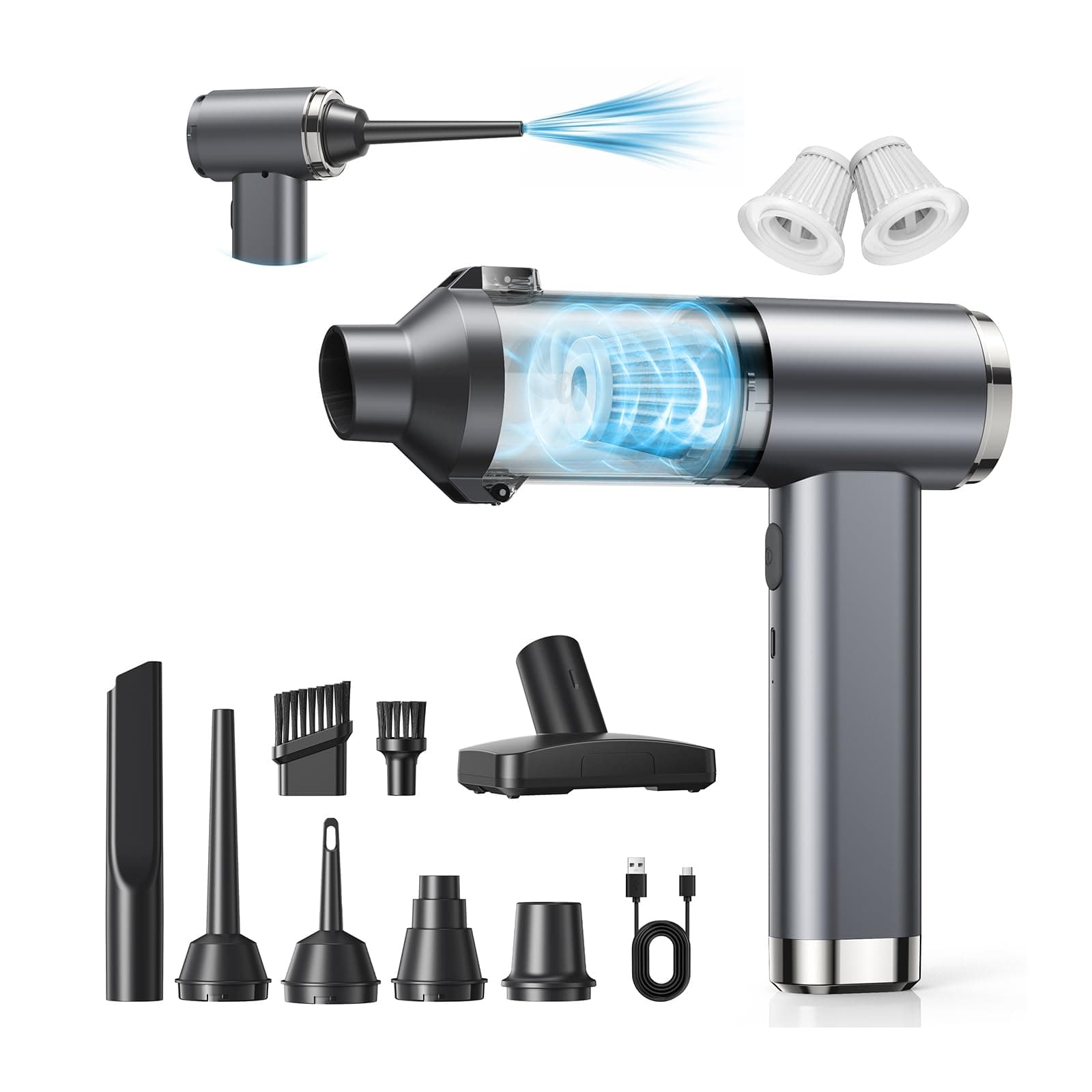 GARAID 4en1 Aspirador de Mano, 25000Pa Mini Aspirador Potente Portátil, 6000mAh Aspiradora Coche Sin Cable con Motor sin Escobillas, 2 Niveles de Succión, para Pelo De Mascotas, Coche, Hogar, Oficina