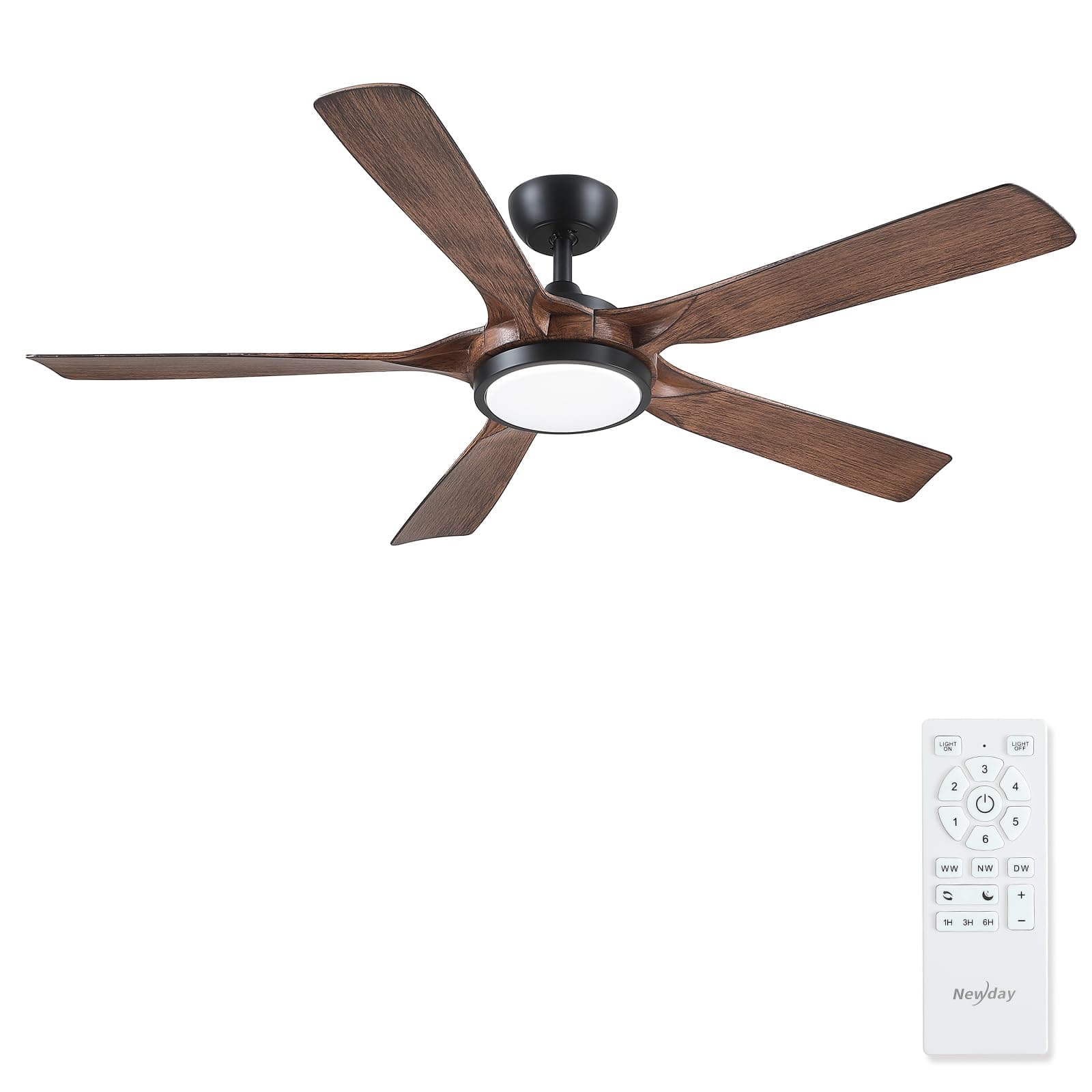 Newday 142cm Grand Ventilateur de Plafond Noir et Bois avec Télécommande Silencieux, Lumiere Dimmable,3 Minuterie, Moteur DC pour Chambre Salon