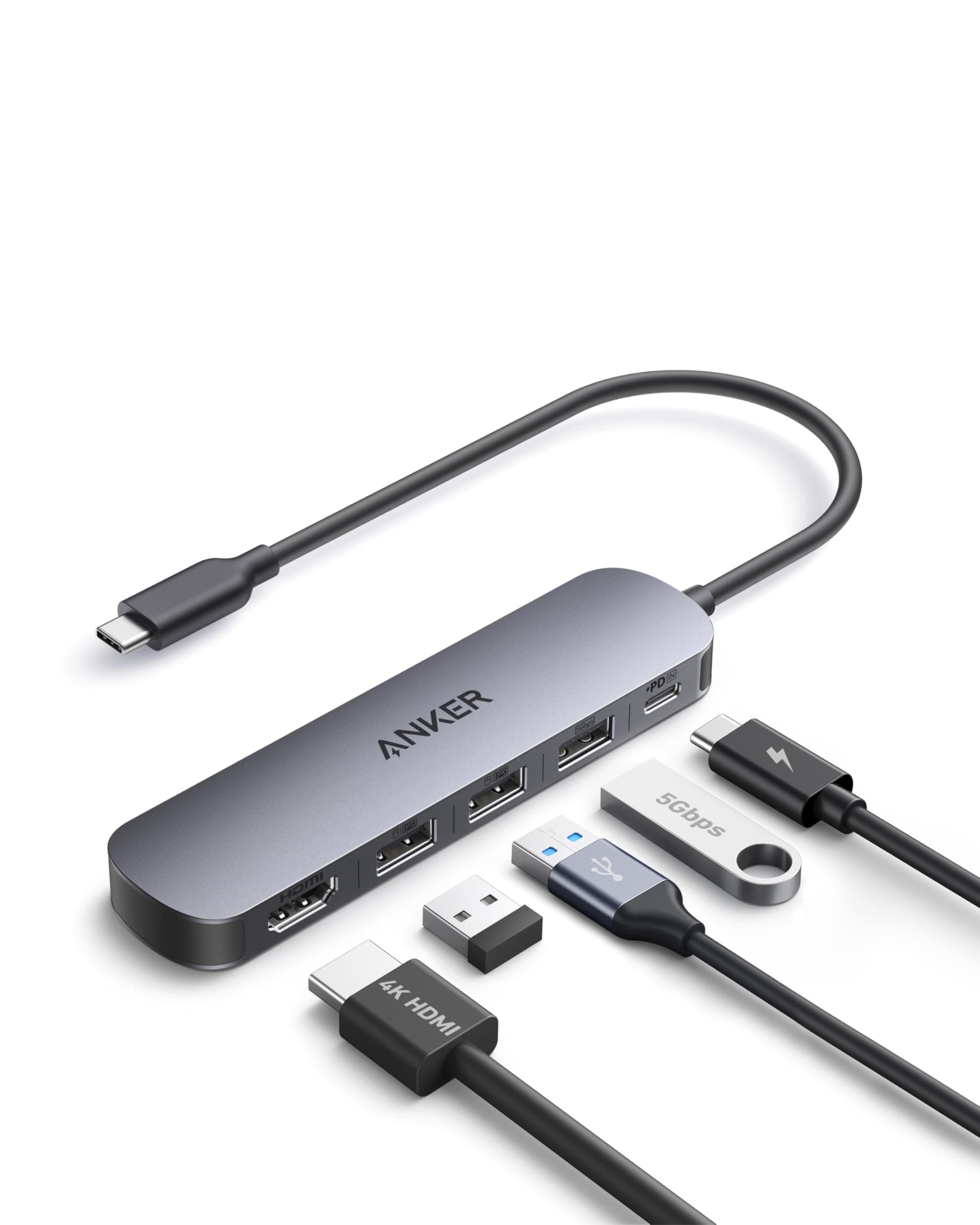 Anker USB C Hub (5-in-1), 4K@30Hz HDMI mit 90W Max. Power Delivery, USB-A Daten-Ports, kompakt und stylisch für MacBook, Dell XPS und mehr (Ladegerät Nicht enthalten)