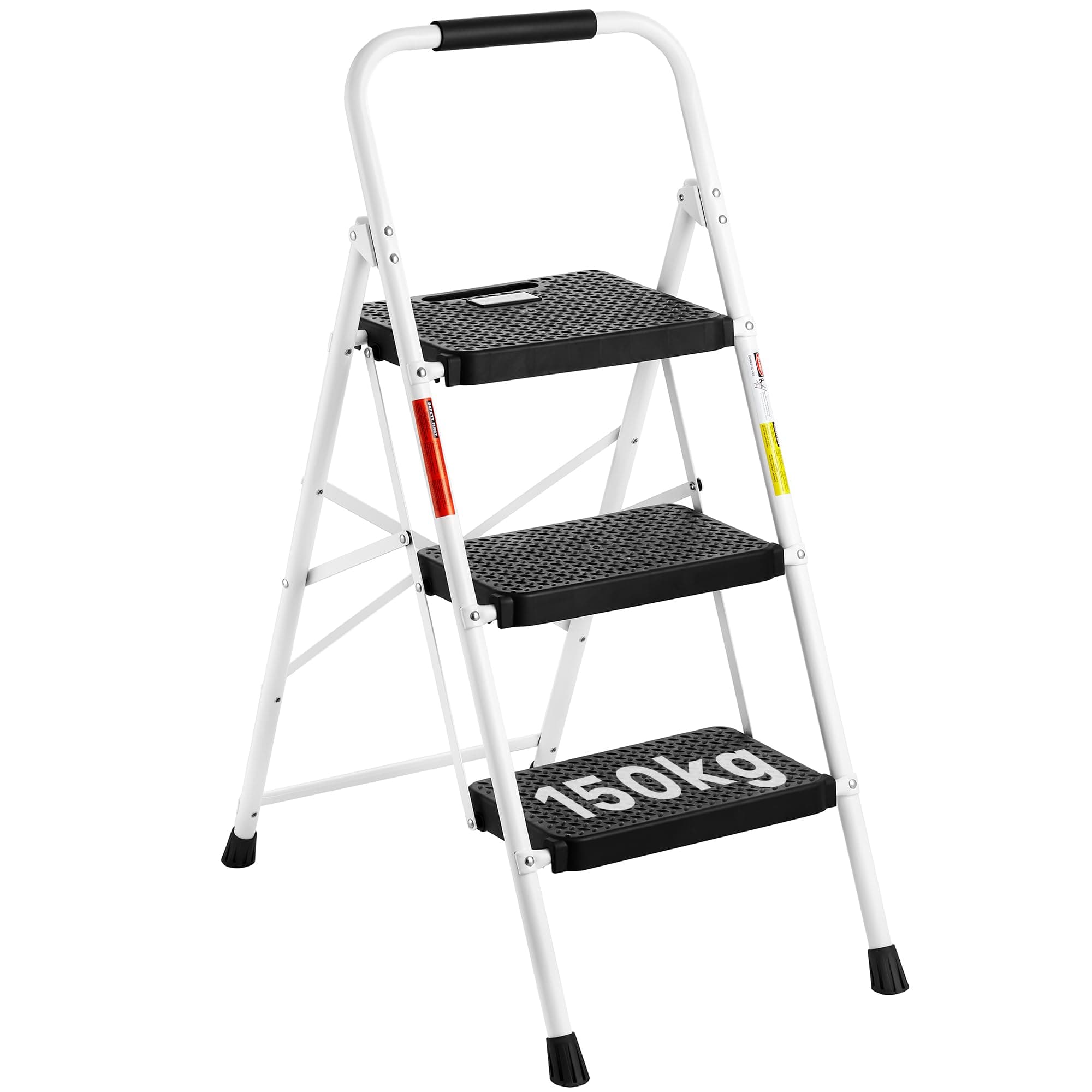 BONTEC Escaleras Plegables de 3 Escalones, Capacidad de 150KG con Pedales Antideslizantes Anchos, Taburete Escaleras de Mano de Acero, Manubrio de Esponja, Uso en Interiores y Exteriores, Blanco