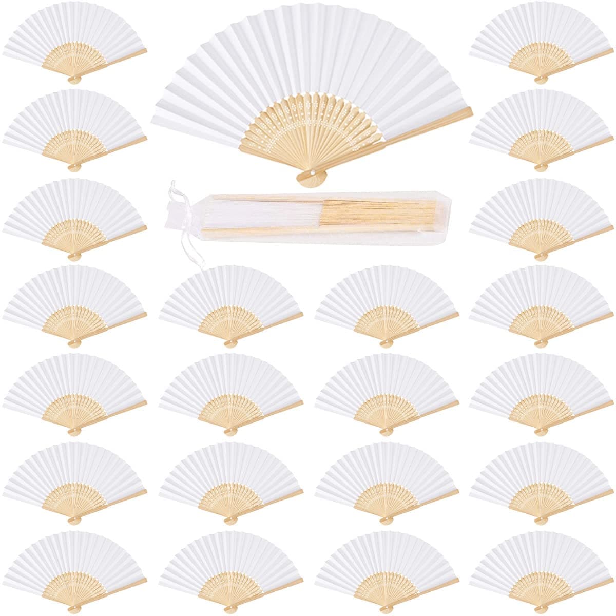 iZoeL 60 Pcs Eventail Mariage Pliant en Bois Papier et Blanc - Ventilateur Japonais Poche Pliante pour Demoiselles, Cadeaux Mariage, Fête, Danse et Décoration